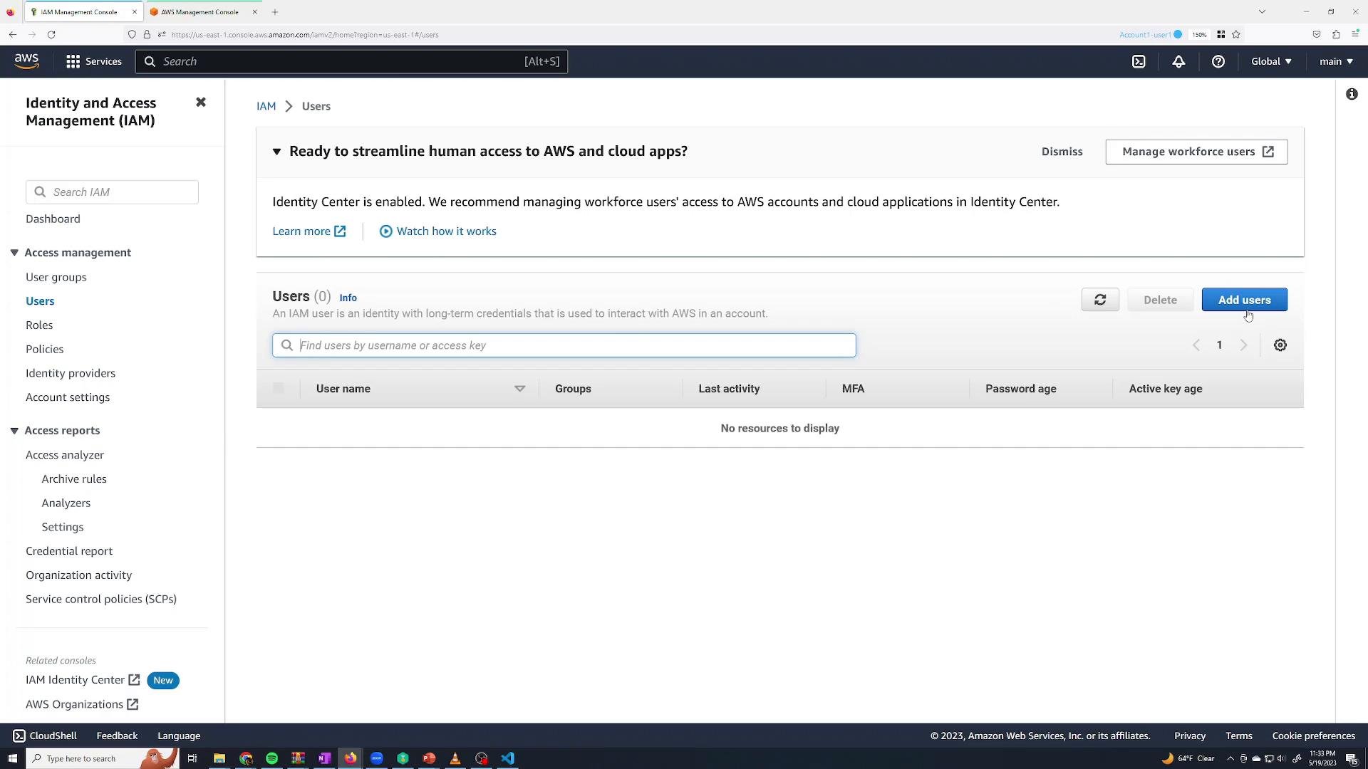 A screenshot of the AWS Identity and Access Management (IAM) Users page in the AWS Management Console. It shows no users listed, a search box and filters, and an "Add users" button on the right.