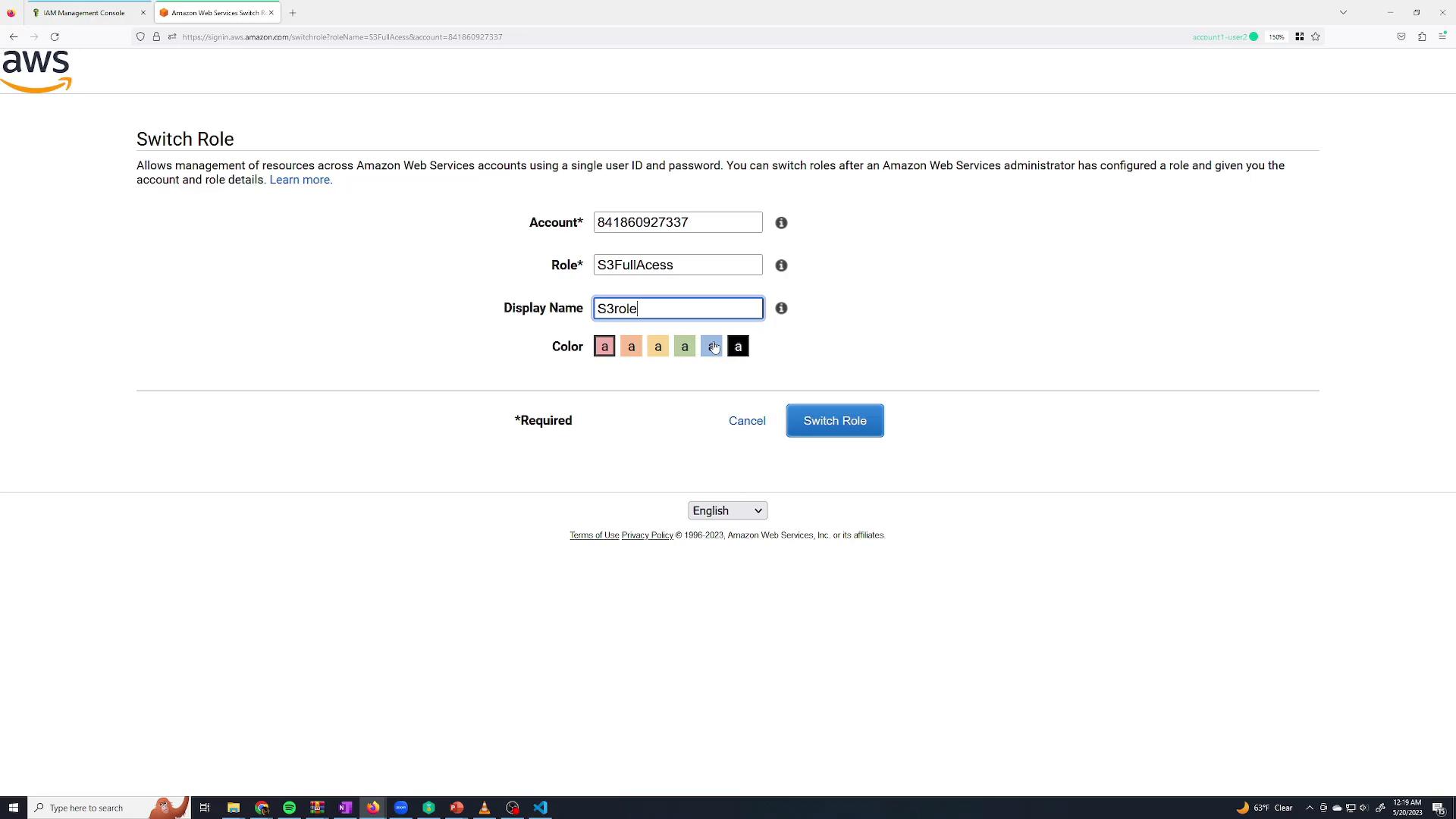 A screenshot of the Amazon Web Services "Switch Role" page open in a browser. It shows fields populated with an account number, the role "S3FullAccess", display name "S3role", color choices, and a "Switch Role" button.