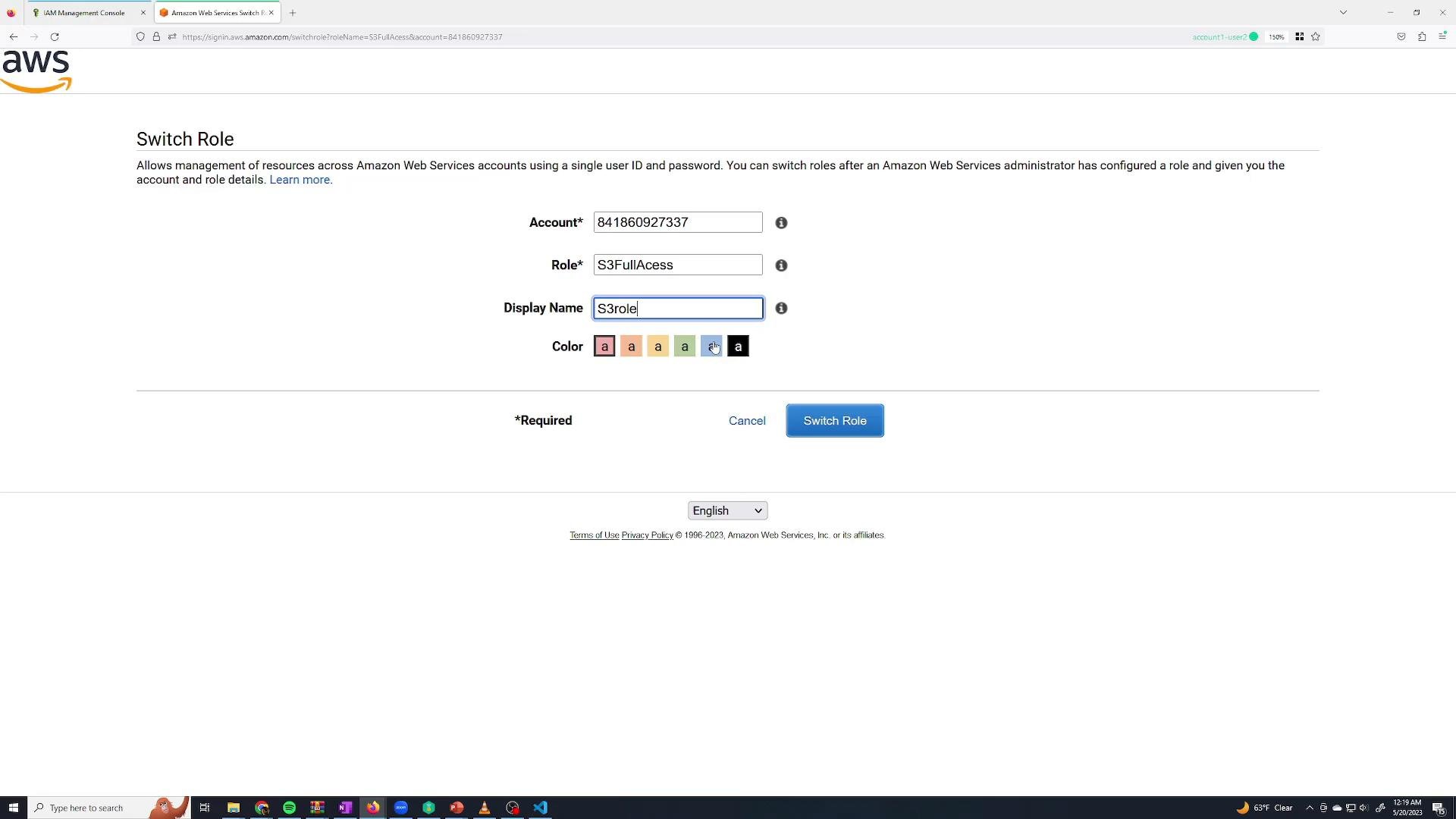 A screenshot of the Amazon Web Services "Switch Role" page open in a browser. It shows fields populated with an account number, the role "S3FullAccess", display name "S3role", color choices, and a "Switch Role" button.