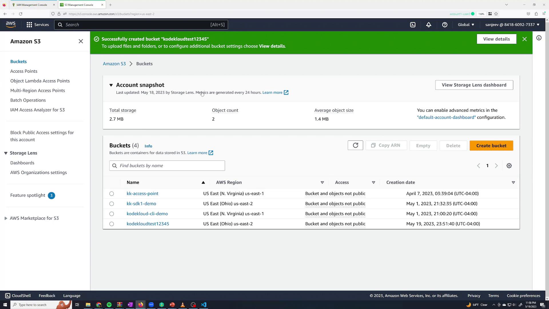 A screenshot of the Amazon S3 management console showing a green success banner for newly created bucket "kodekloudtest12345." The page displays an account snapshot (storage and object count) and a list of S3 buckets with regions and creation dates.