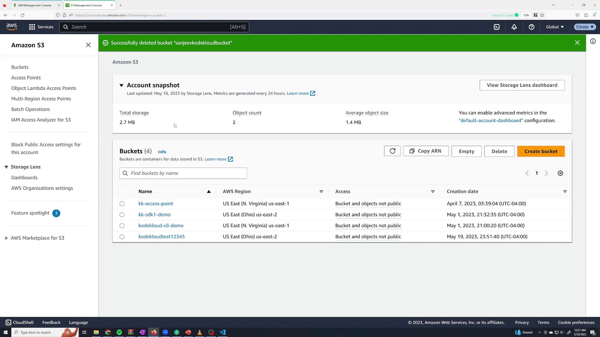 A screenshot of the Amazon S3 management console showing an account snapshot and a list of four S3 buckets with region, access, and creation dates. A green banner at the top indicates a bucket named "sanjeevkodekloudbucket" was successfully deleted.