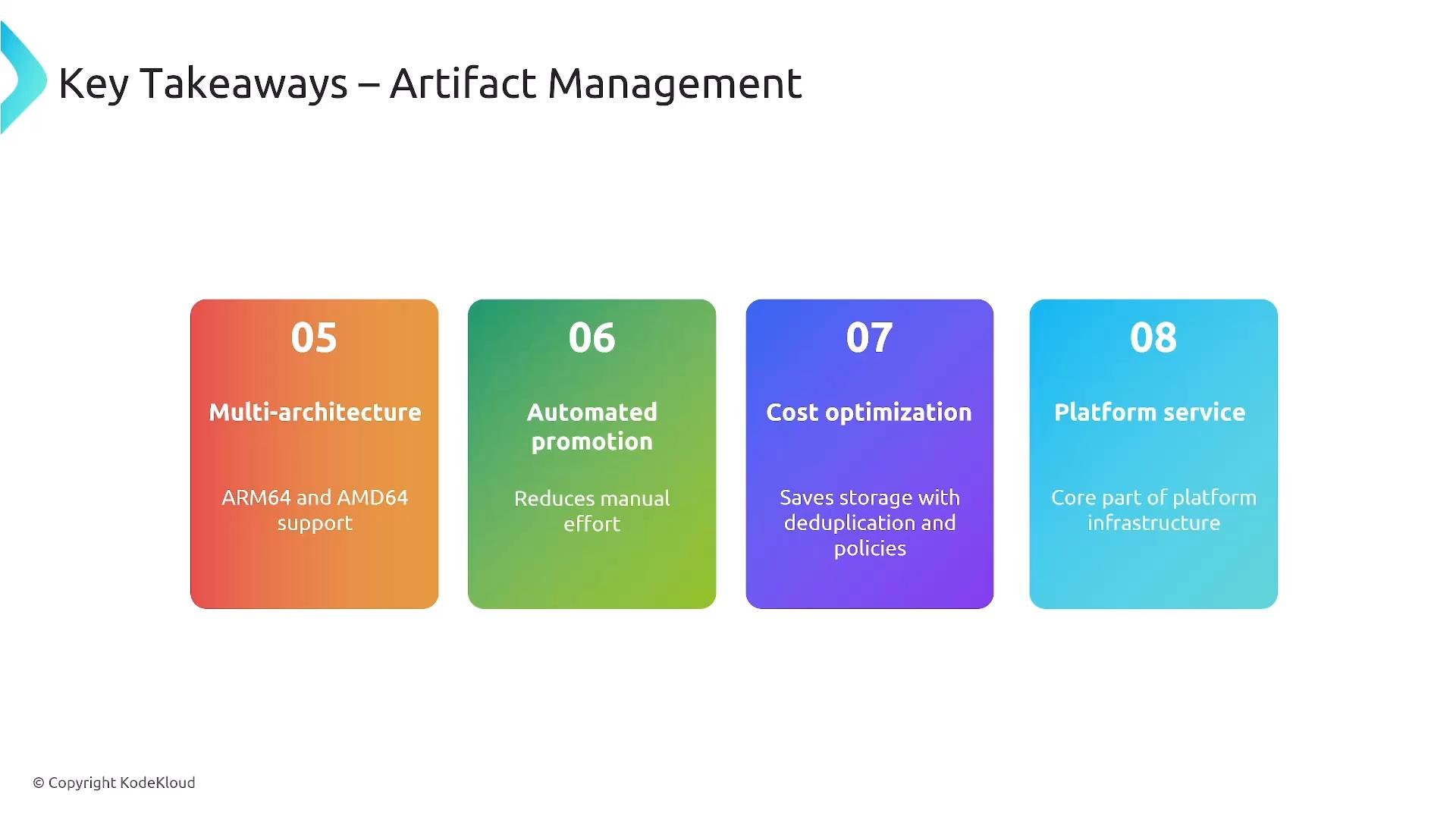 A slide titled "Key Takeaways – Artifact Management" showing four colorful rounded cards (05–08) that summarize: multi-architecture (ARM64 and AMD64 support), automated promotion, cost optimization, and platform service.