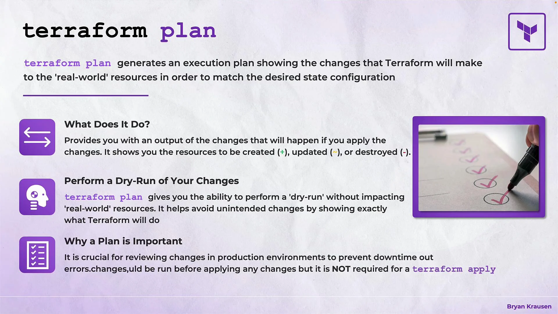 The image is an informational graphic about "terraform plan," explaining its function to generate an execution plan for resource changes and highlighting its importance for conducting dry-runs to prevent unintended changes.