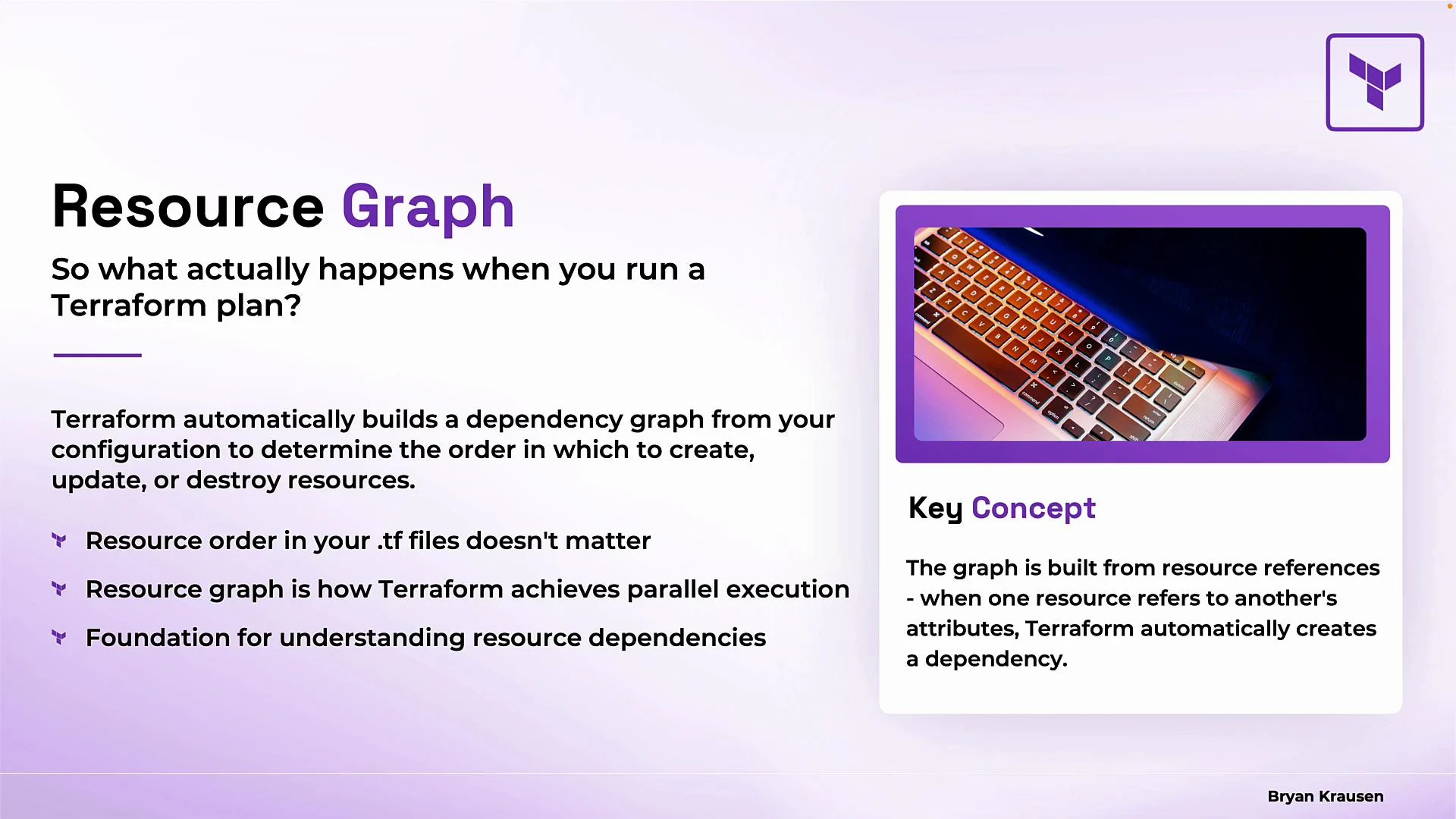 The image explains Terraform's resource graph, highlighting its automatic dependency graph construction to manage resource creation, update, or destruction order for parallel execution. It includes a photo of a laptop keyboard.