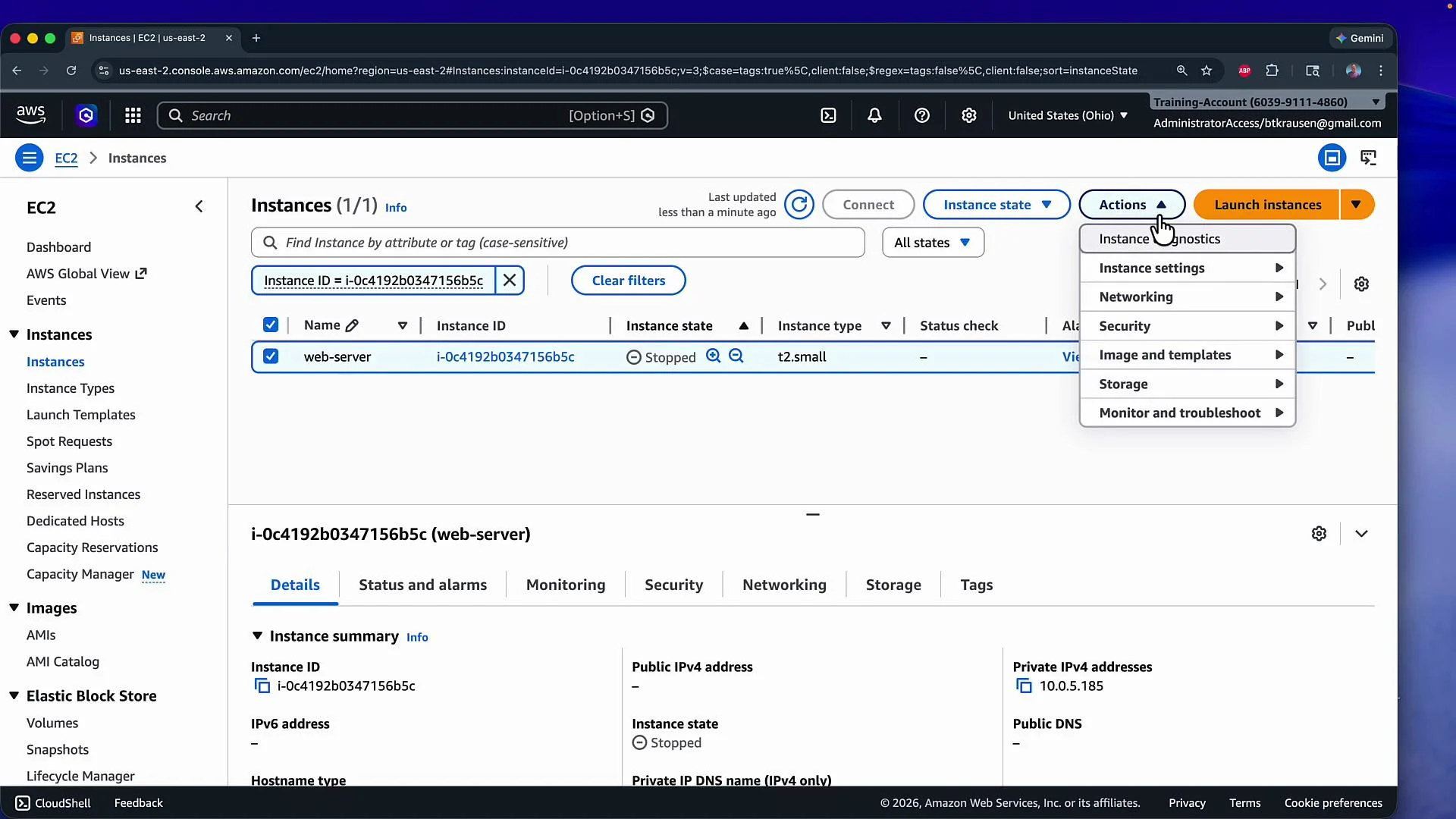 The image shows an AWS EC2 console with a single stopped instance named "web-server," along with various options under the "Actions" menu.