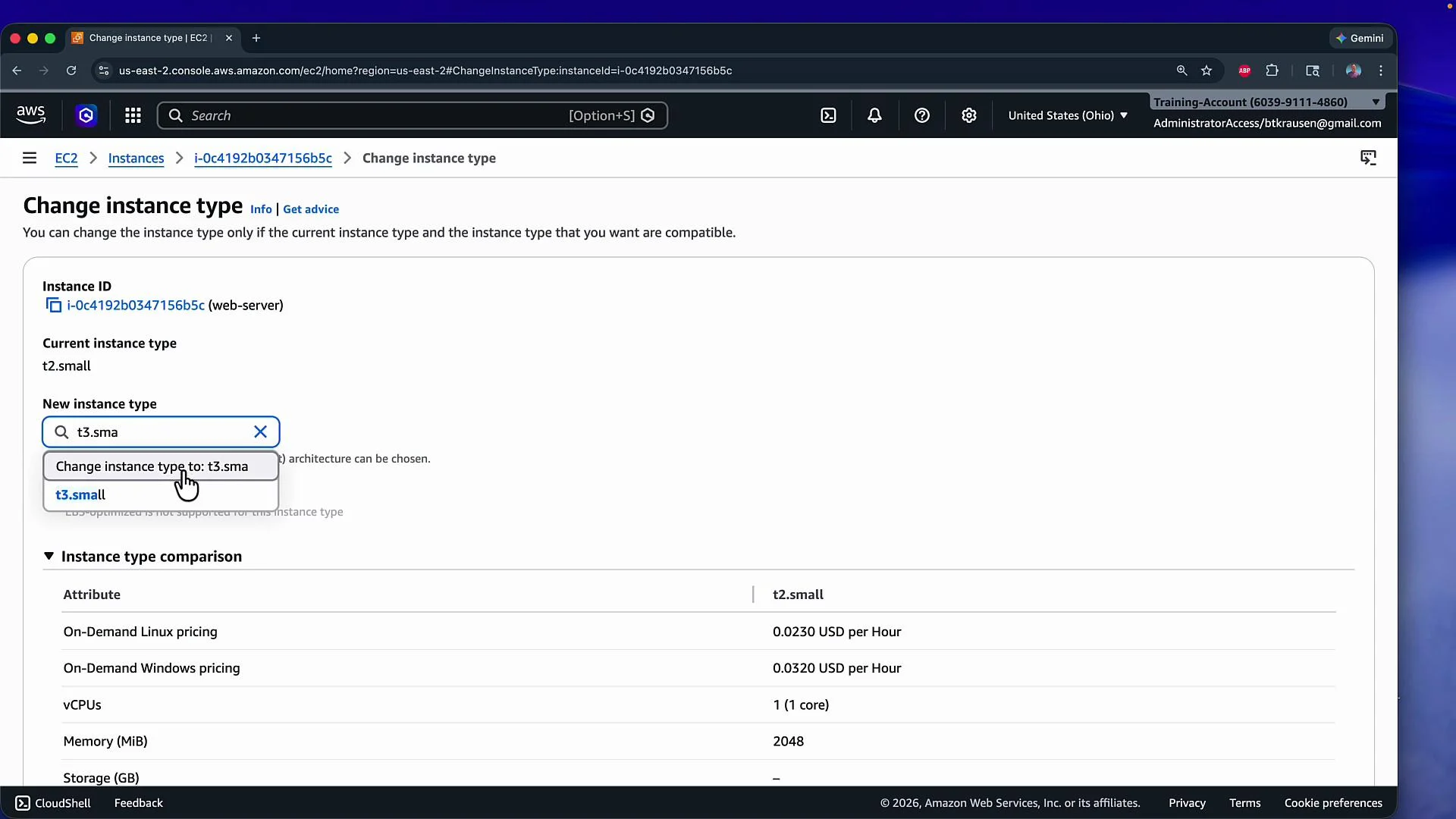 The image shows an AWS EC2 dashboard where a user is selecting a new instance type, changing from "t2.small" to "t3.small," with instance type comparison details shown below.