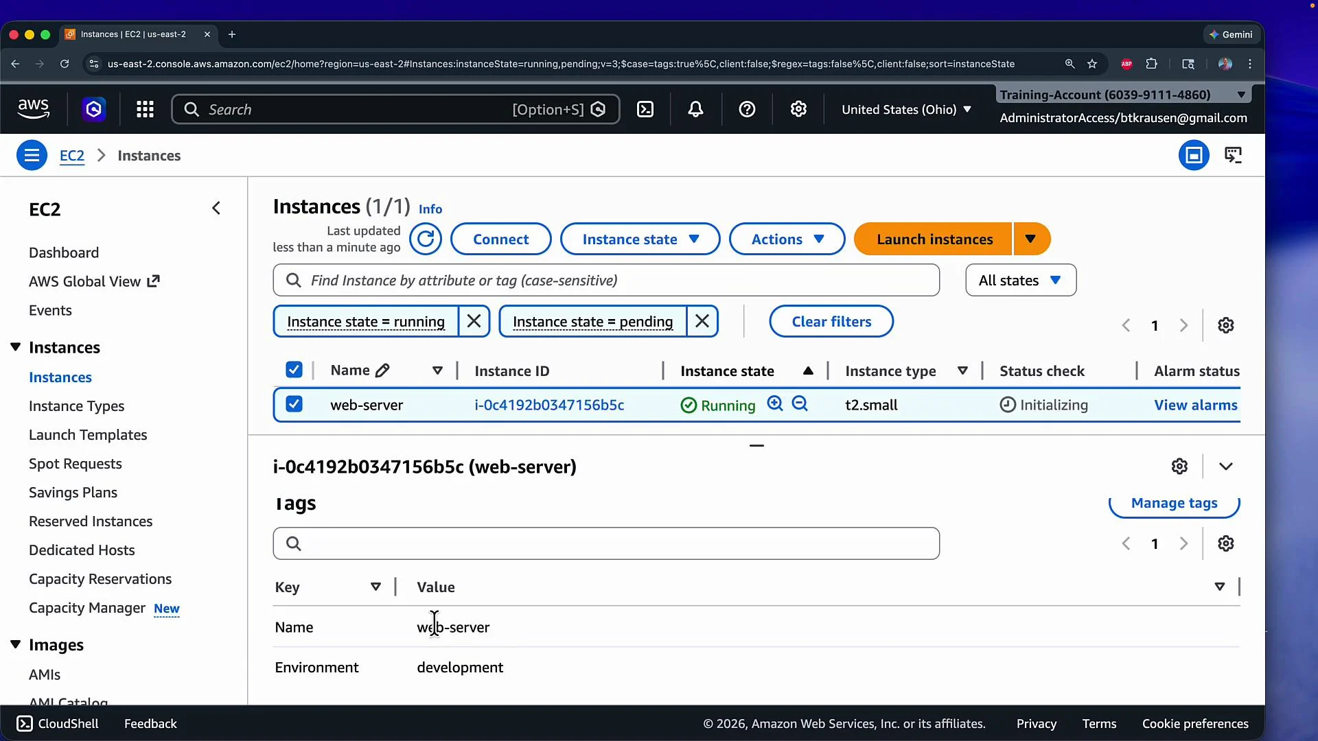 The image shows an AWS EC2 management console with a "web-server" instance running. The instance, identified by ID i-0c4192b0347156b5c, is of type t2.small and is in an initializing state.