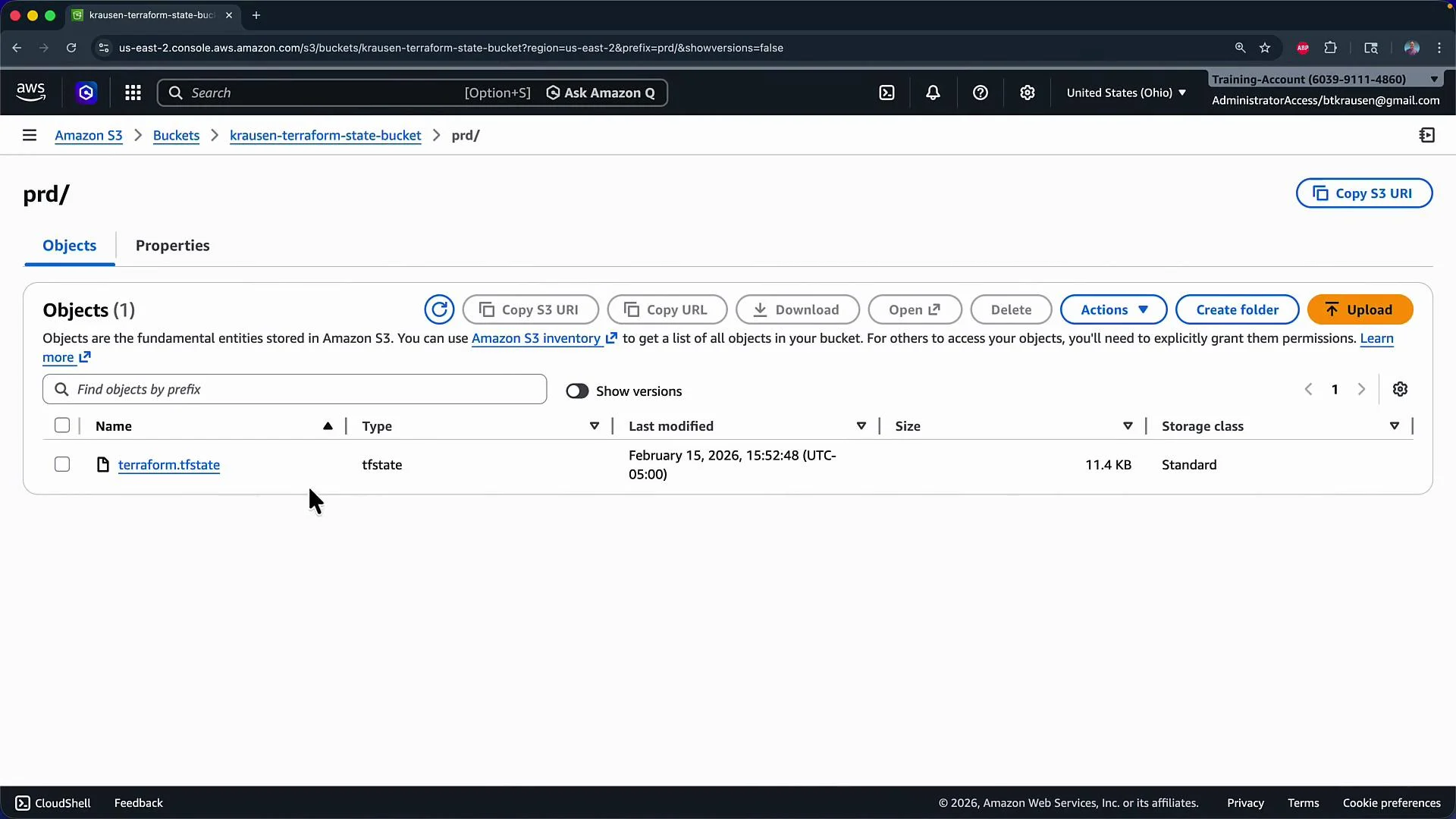 The image shows an Amazon S3 console interface displaying a bucket named "krausen-terraform-state-bucket" in the "prd" directory, containing a single object named "terraform.tfstate" of type "tfstate," last modified on February 15, 2026, with a size of 11.4 KB.