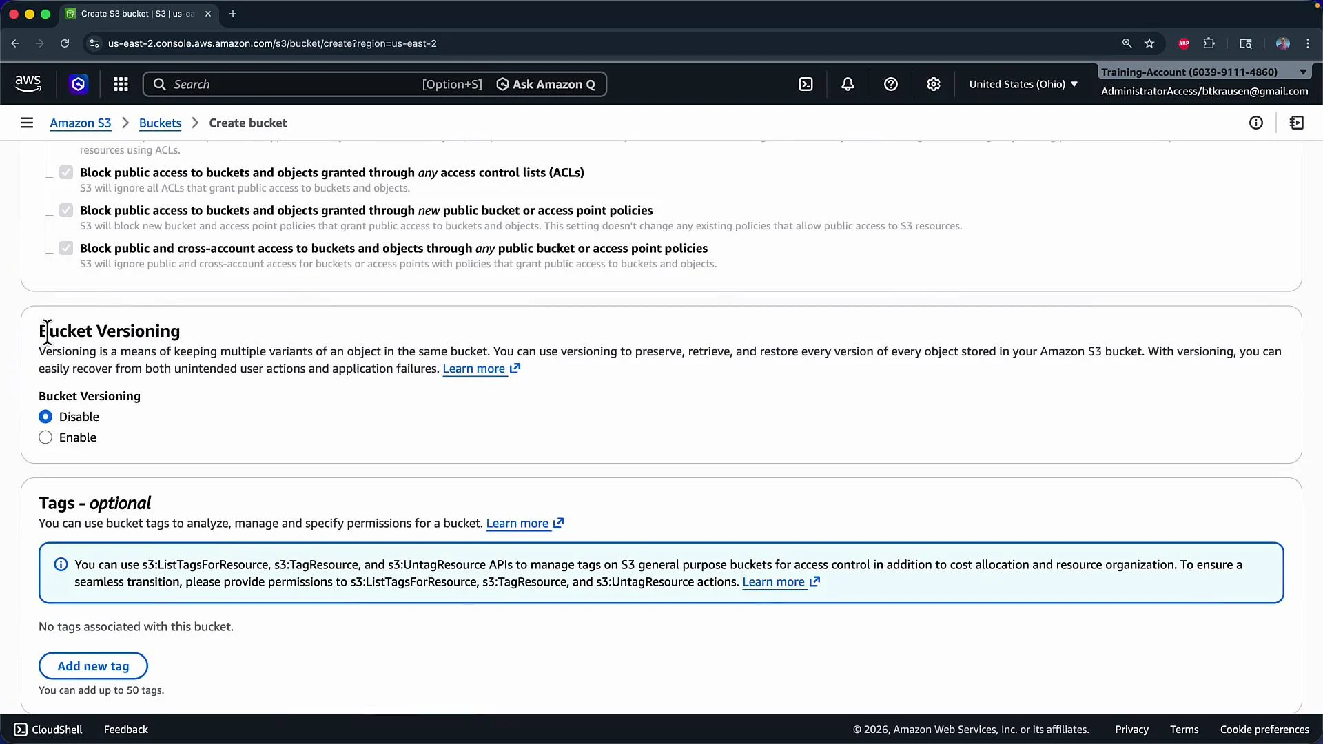 The image shows the Amazon S3 console where a user is configuring bucket versioning and tags while creating a new bucket. Versioning is set to "Disable" and there's an option to add new tags.