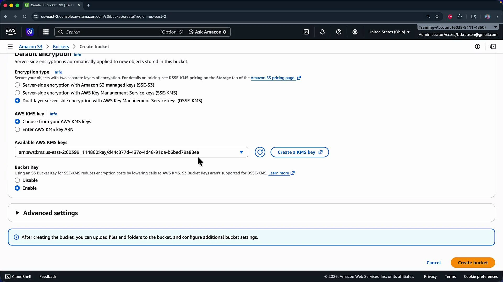 The image shows an AWS S3 console interface for creating a bucket, focusing on the default encryption settings and the selection of AWS KMS keys.