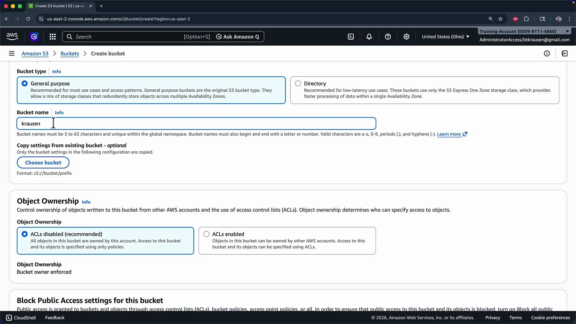 The image depicts a screenshot from the AWS S3 console where a user is in the process of creating a new bucket. It shows options for bucket type, bucket name entry, object ownership settings, and public access settings.