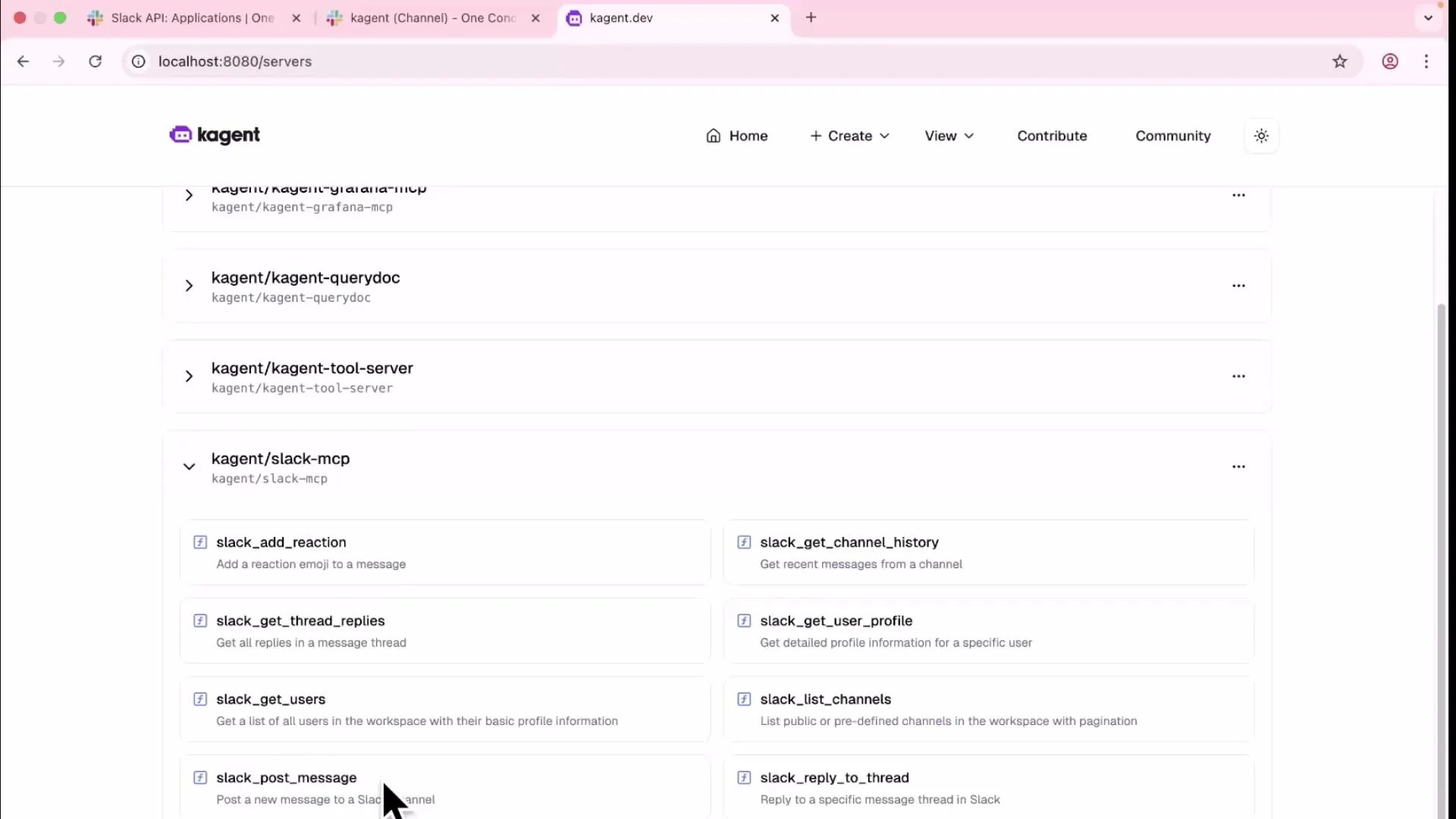 A screenshot of a web UI for "kagent" (localhost:8080/servers) showing a list of server/integration entries. The expanded item is kagent/slack-mcp with multiple Slack actions listed (e.g., slack_add_reaction, slack_get_channel_history).