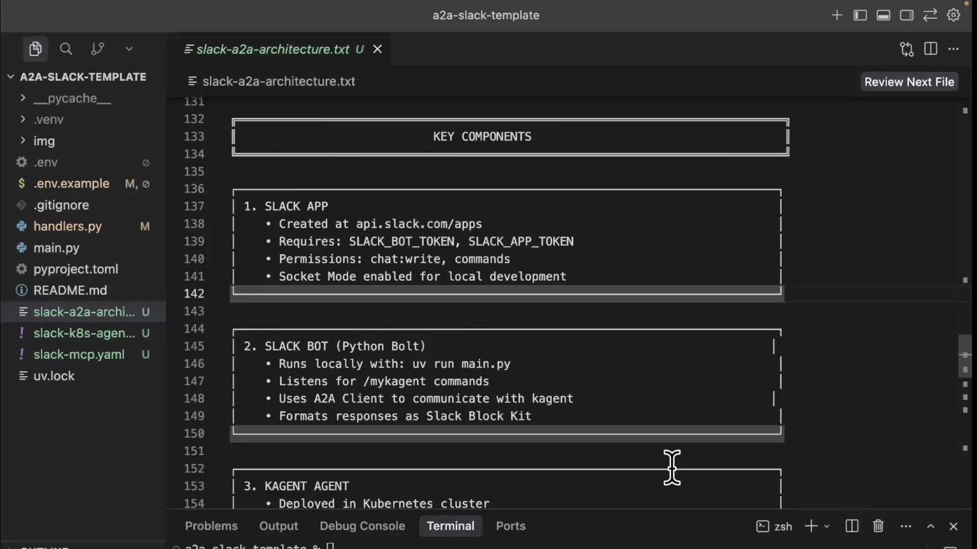 A screenshot of a code editor (likely VS Code) with a project sidebar on the left and an open text file on the right. The document shows an ASCII-style "KEY COMPONENTS" section describing a Slack app, a Python Slack bot, and a kagent agent.