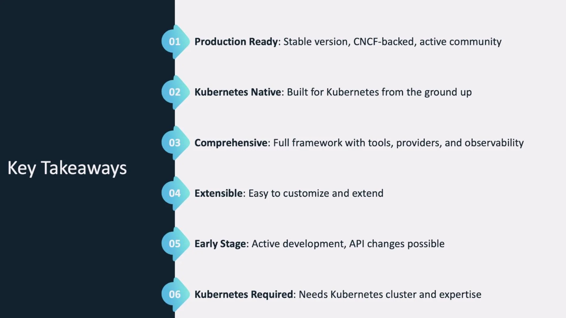 A slide titled "Key Takeaways" showing a vertical numbered list of points such as "Production Ready," "Kubernetes Native," "Comprehensive," "Extensible," "Early Stage," and "Kubernetes Required," each with a brief explanatory note.