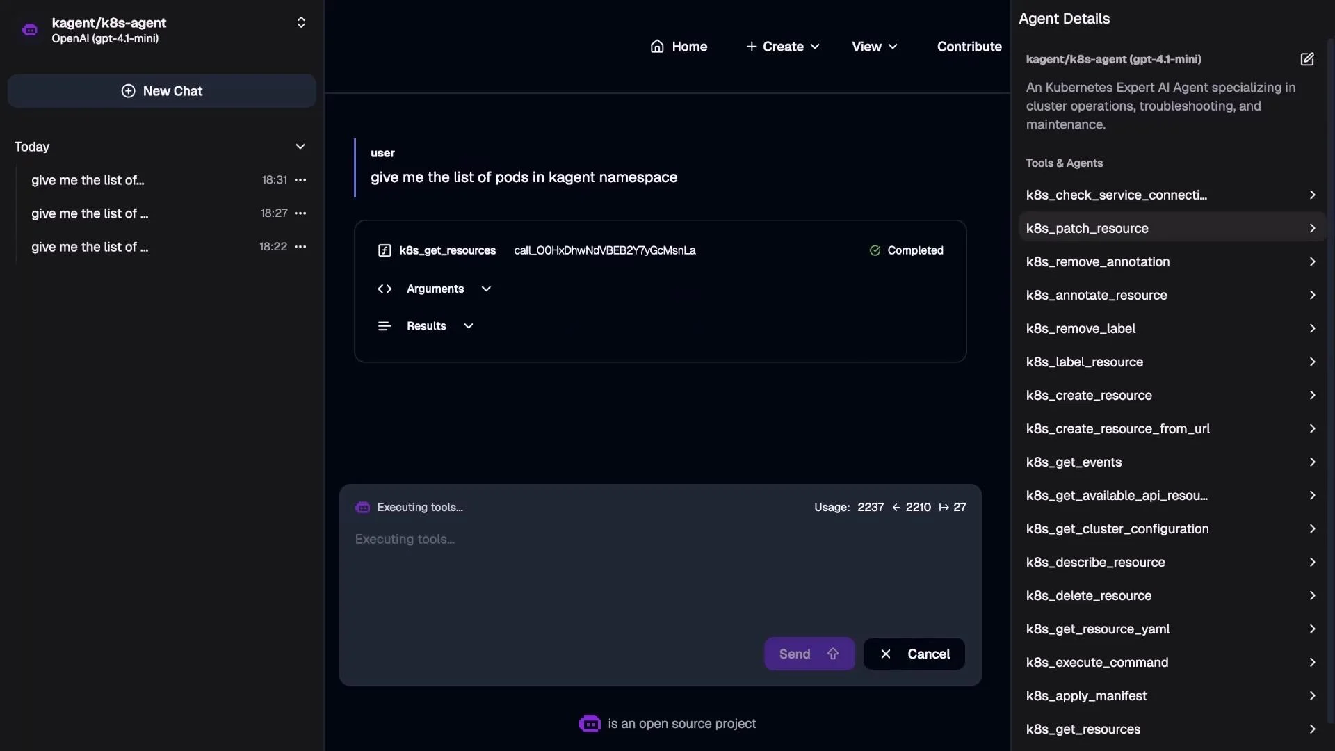 A dark-themed screenshot of an AI agent interface where the user asks for the list of pods in the "kagent" Kubernetes namespace and a k8s_get_resources tool call is shown as completed. The right sidebar lists various Kubernetes actions and tools available to the agent.