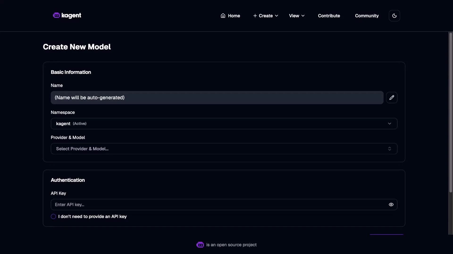 A dark-themed web UI titled "Create New Model" on a site branded "kagent," showing form fields for name, namespace, provider & model. The page also includes an Authentication section with an API key input.