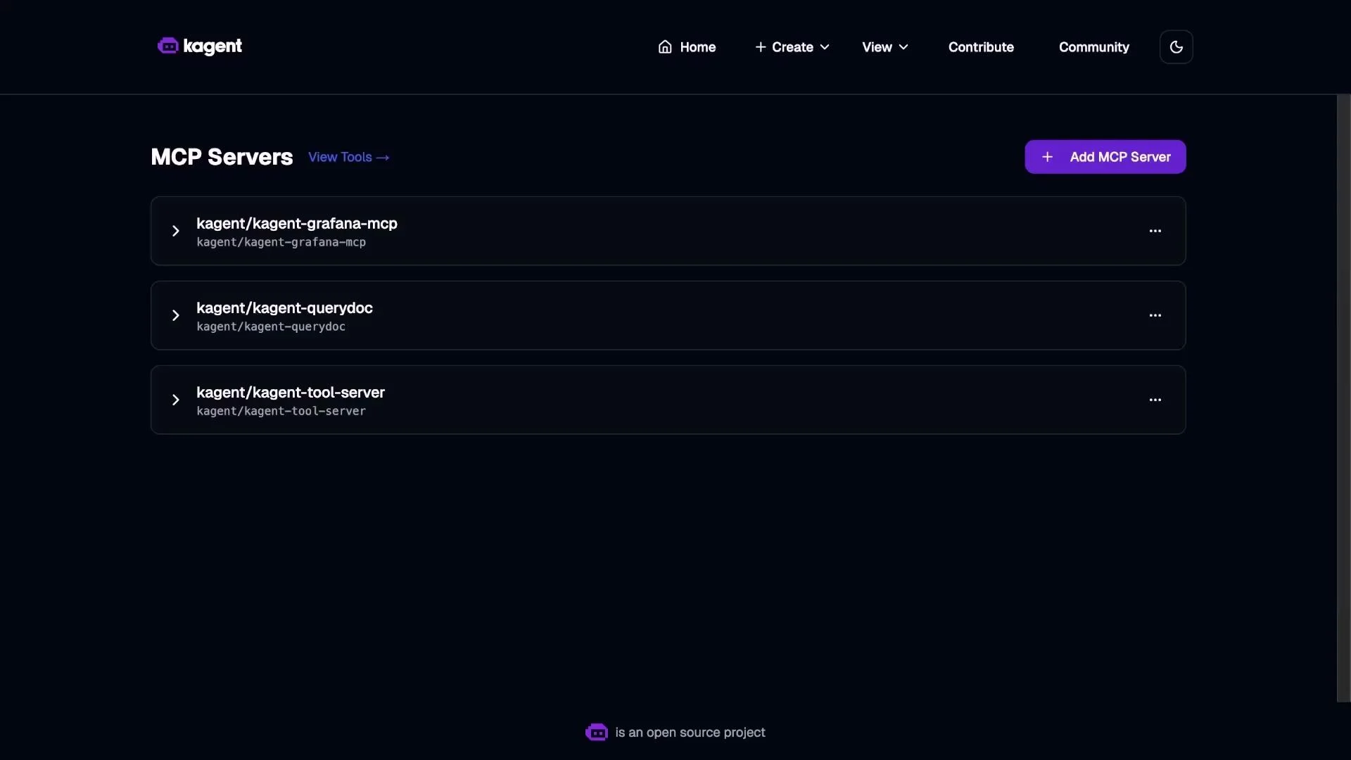 A dark-themed kagent dashboard showing an "MCP Servers" list. It displays three server entries (kagent-grafana-mcp, kagent-querydoc, kagent-tool-server) and a purple "Add MCP Server" button.