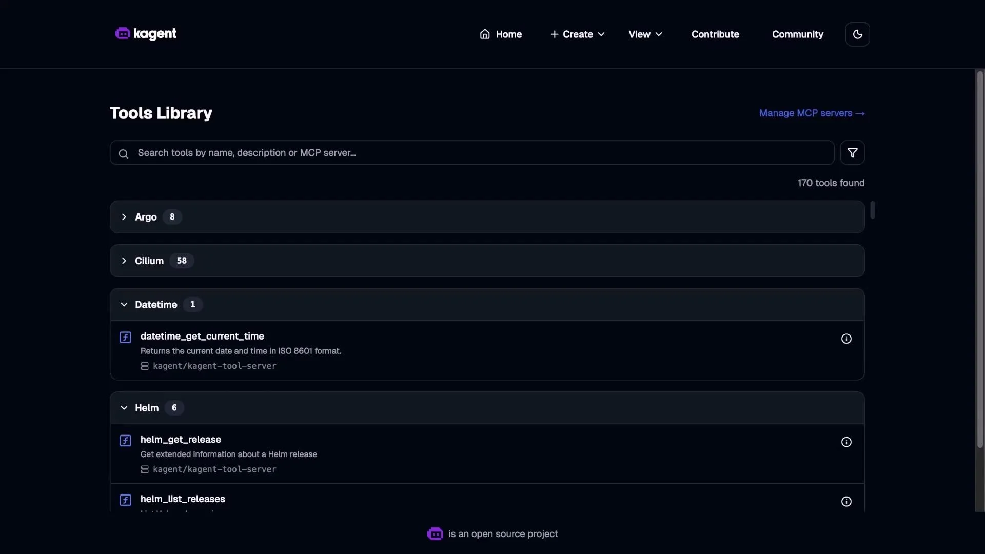 A dark-themed web UI showing a "Tools Library" for "kagent" with a search bar and expandable tool categories (Argo, Cilium, Datetime, Helm, etc.). Individual tool entries like "datetime_get_current_time" and "helm_get_release" are listed with brief descriptions.