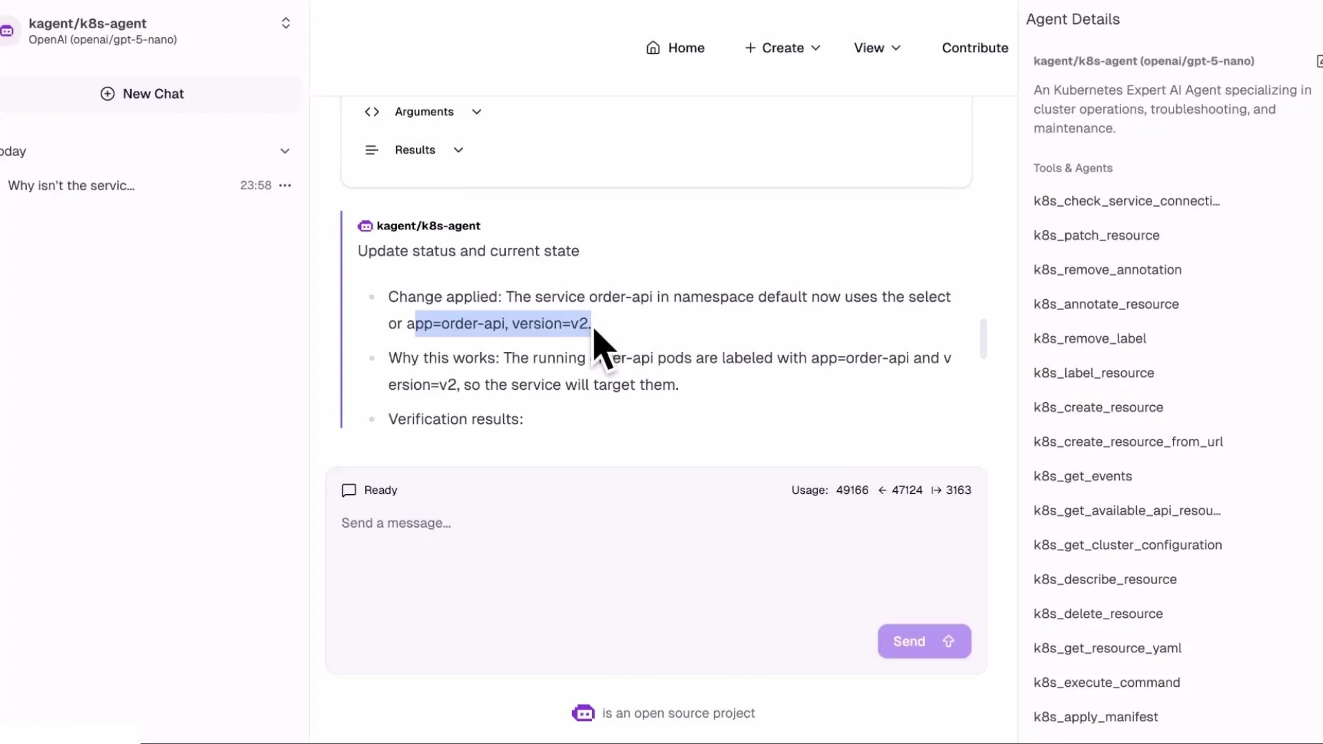 A screenshot of a chat interface for a Kubernetes agent (kagent/k8s-agent) showing a message that the service "order-api" now uses the selector app=order-api, version=v2. The right sidebar lists available k8s tools and agent details while a cursor highlights the selector text.