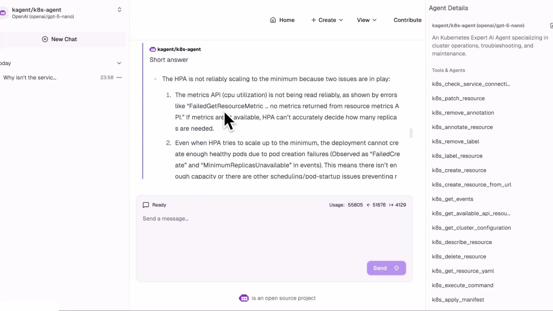 A screenshot of a chat-style web UI showing an AI agent response titled "kagent/k8s-agent" with troubleshooting steps about a Kubernetes HPA not scaling, and a text input box at the bottom. The right sidebar lists k8s tools/commands while the left shows the chat list.