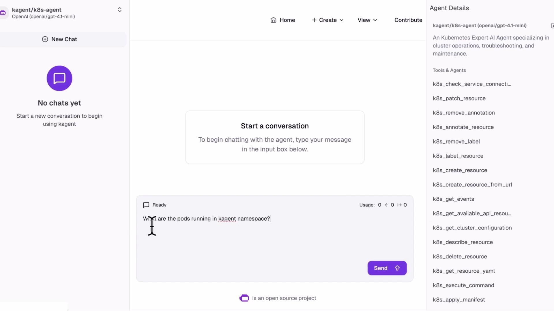 A screenshot of a web-based chat/agent interface for a Kubernetes AI agent (kagent/k8s-agent), showing a "Start a conversation" prompt and a message input asking "What are the pods running in kagent namespace?". The right sidebar lists various k8s tools and commands.