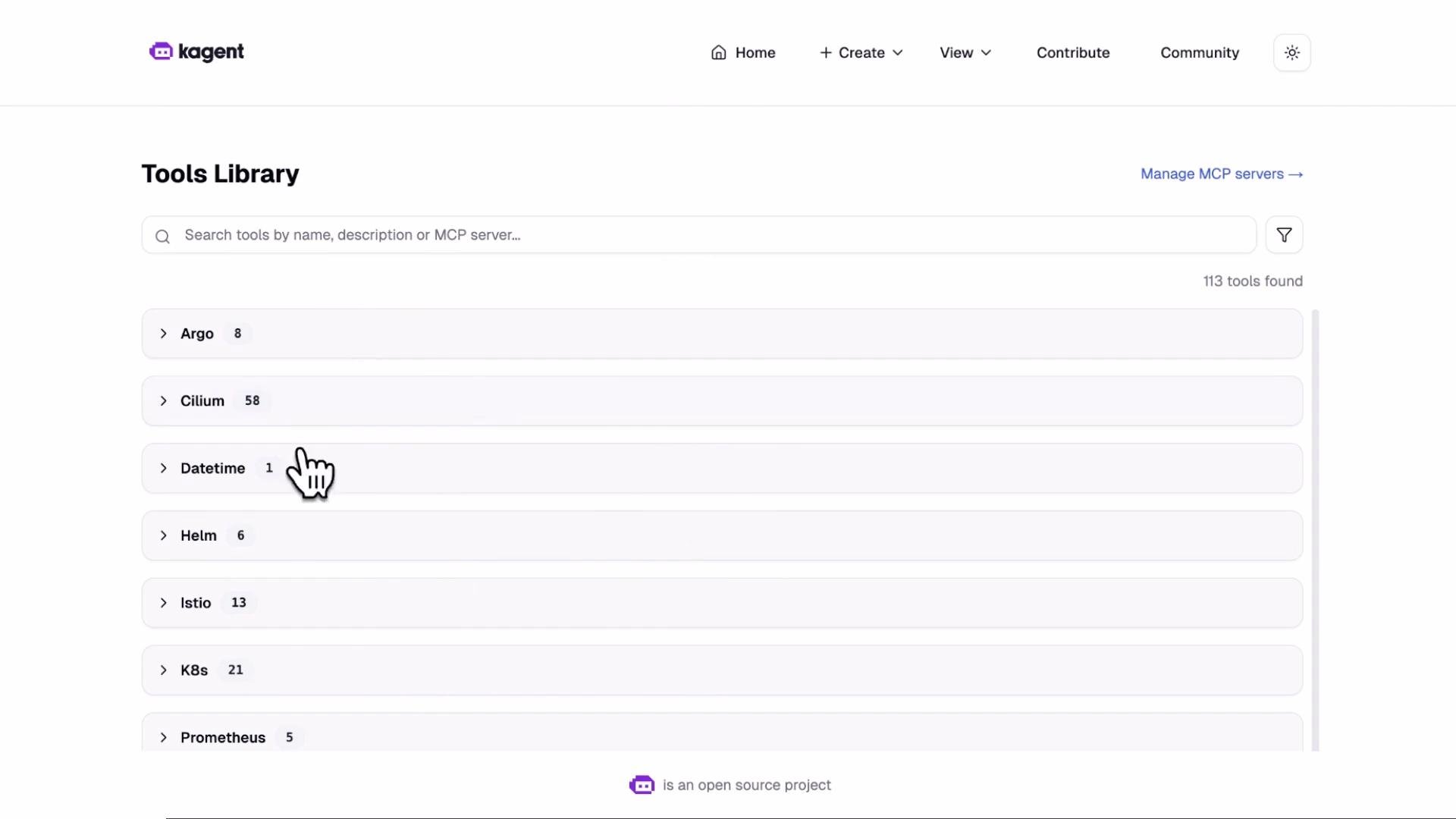 Screenshot of a web page for "kagent" showing a Tools Library with a search bar and a list of tool categories (Argo, Cilium, Datetime, Helm, Istio, K8s, Prometheus, etc.). A hand-cursor is hovering over the "Datetime" entry and the page shows "113 tools found."