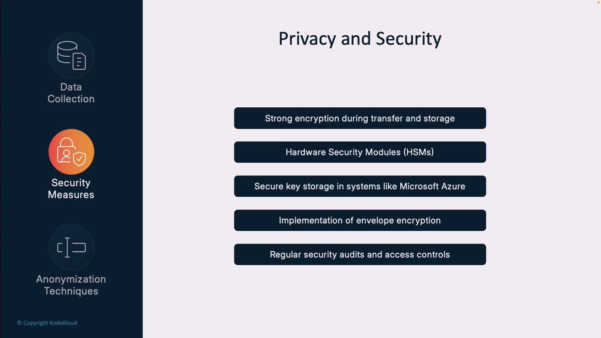 A slide titled "Privacy and Security" listing measures like strong encryption in transit and at rest, Hardware Security Modules (HSMs), secure key storage in Microsoft Azure, envelope encryption, and regular security audits/access controls. A dark left sidebar shows icons labeled Data Collection, Security Measures, and Anonymization Techniques.
