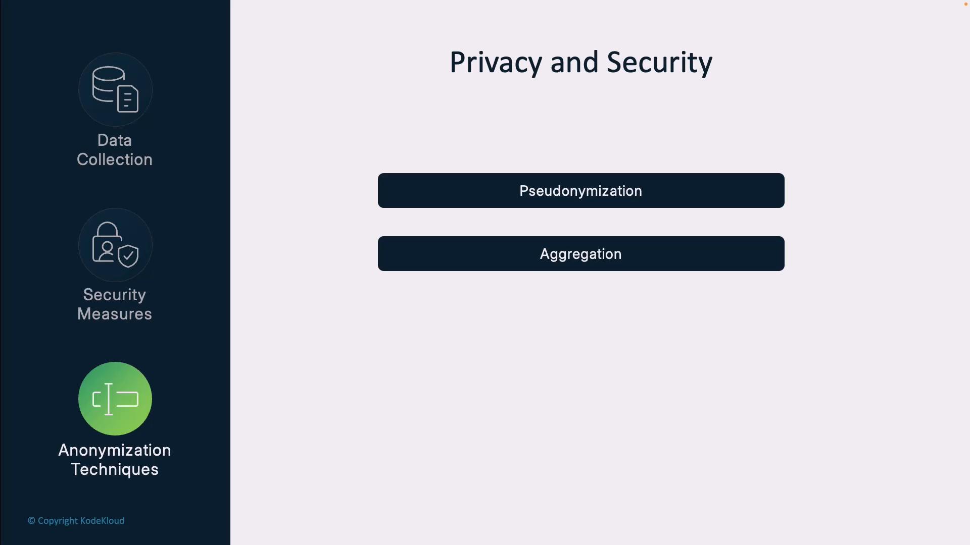 A slide titled "Privacy and Security" showing two dark rounded buttons labeled "Pseudonymization" and "Aggregation." A dark left sidebar displays icons and the labels "Data Collection," "Security Measures," and "Anonymization Techniques."
