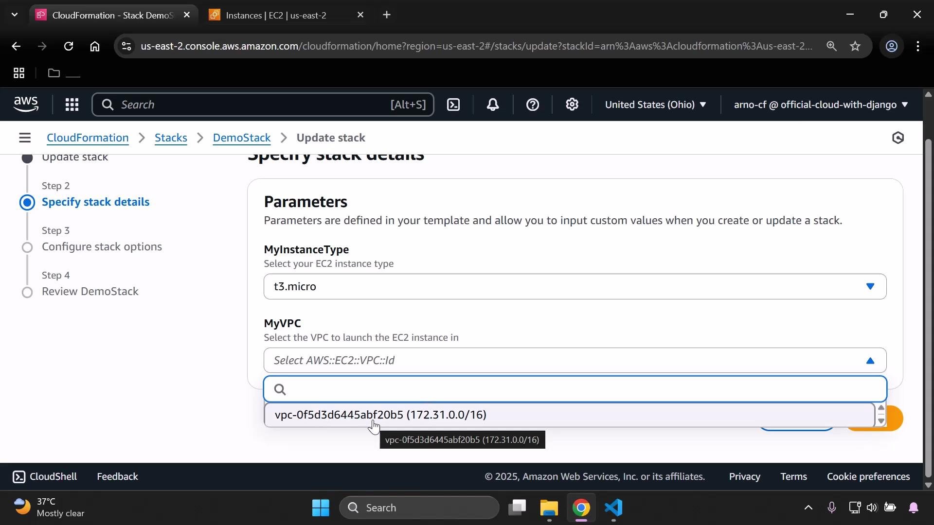 A screenshot of the AWS CloudFormation console on the "Update stack – Specify stack details" step showing template parameters. The MyInstanceType is set to "t3.micro" and the MyVPC dropdown is open showing a VPC ID and its CIDR (172.31.0.0/16).