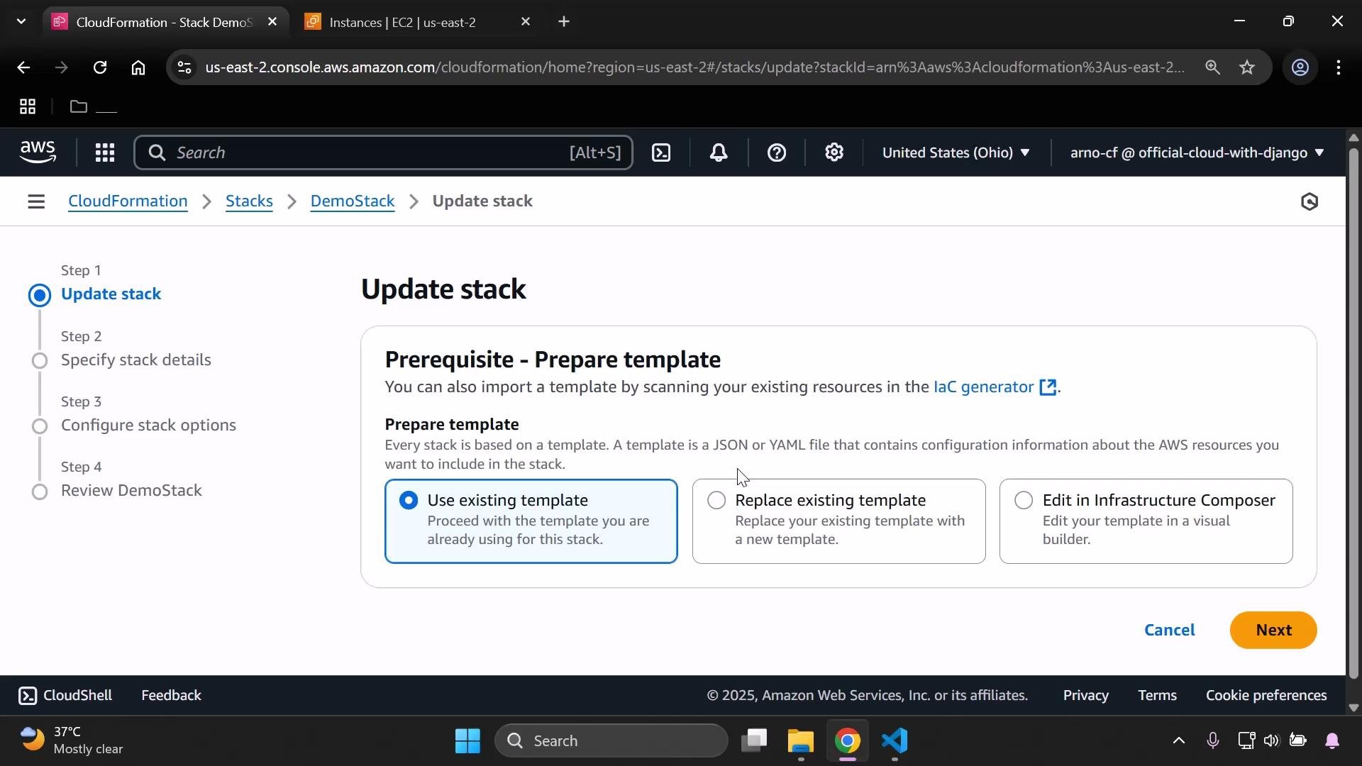 Screenshot of the AWS CloudFormation console on the "Update stack" page. It shows the "Prerequisite - Prepare template" panel with options to use an existing template, replace it, or edit in Infrastructure Composer.