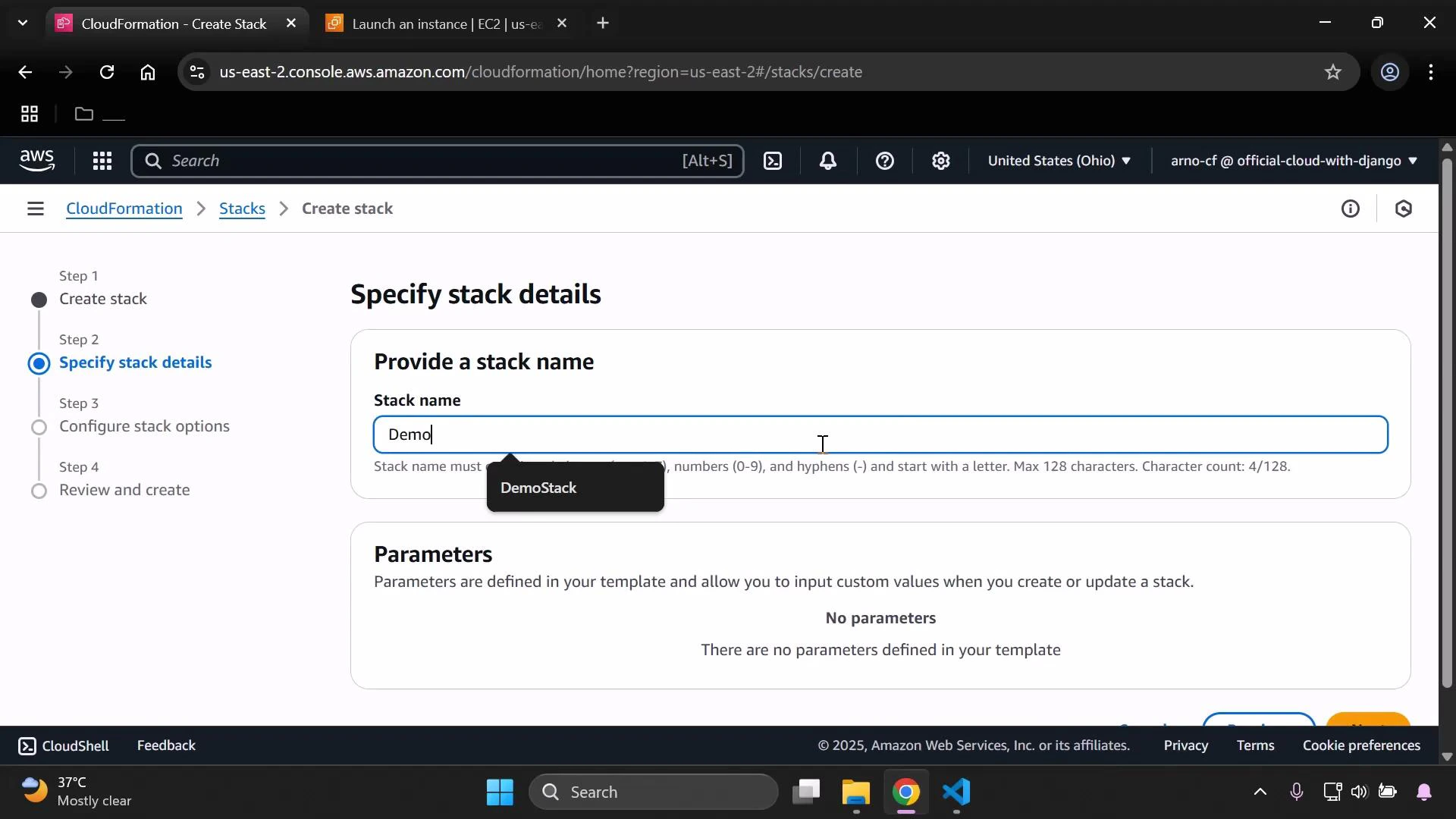 A screenshot of the AWS CloudFormation "Create stack" page on the console, showing the "Specify stack details" step with a Stack name field containing "Demo". The Parameters section below indicates "No parameters" defined in the template.