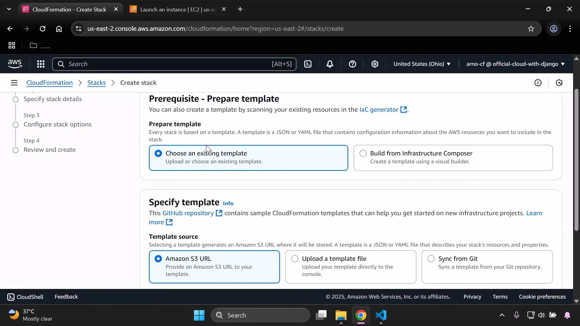A screenshot of the AWS CloudFormation "Create stack" console showing the "Prerequisite - Prepare template" and "Specify template" sections. It displays options like "Choose an existing template" or "Build from Infrastructure Composer" and template sources such as "Amazon S3 URL", "Upload a template file", and "Sync from Git".