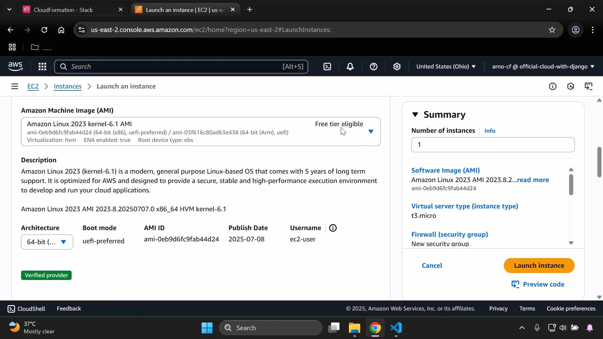 A screenshot of the AWS EC2 "Launch an instance" page showing the Amazon Linux 2023 AMI details (architecture, AMI ID, publish date, username) on the left. On the right is a Summary panel with number of instances, virtual server type (t3.micro) and a "Launch instance" button.