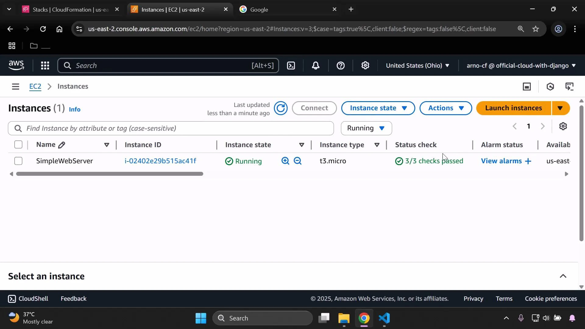 A screenshot of the AWS EC2 Instances console showing one instance named "SimpleWebServer" (i-02402e29b515ac41f) in the Running state, type t3.micro. The instance shows "3/3 checks passed."