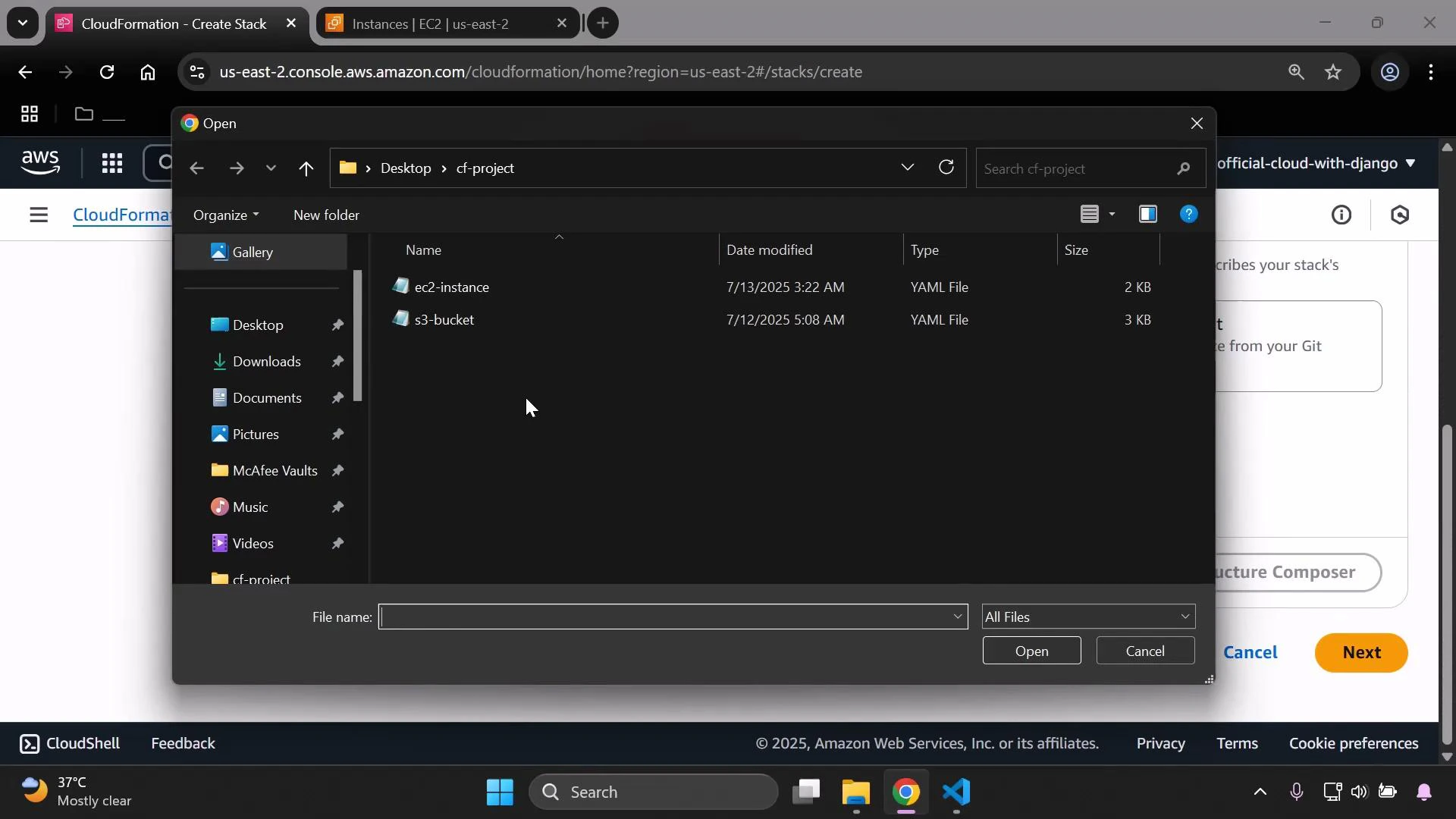 A screenshot of the AWS CloudFormation "Create Stack" page with a Windows file-open dialog overlay showing a "cf-project" folder containing two YAML files named "ec2-instance" and "s3-bucket." The browser tabs, AWS console UI, and the Windows taskbar are visible in the background.