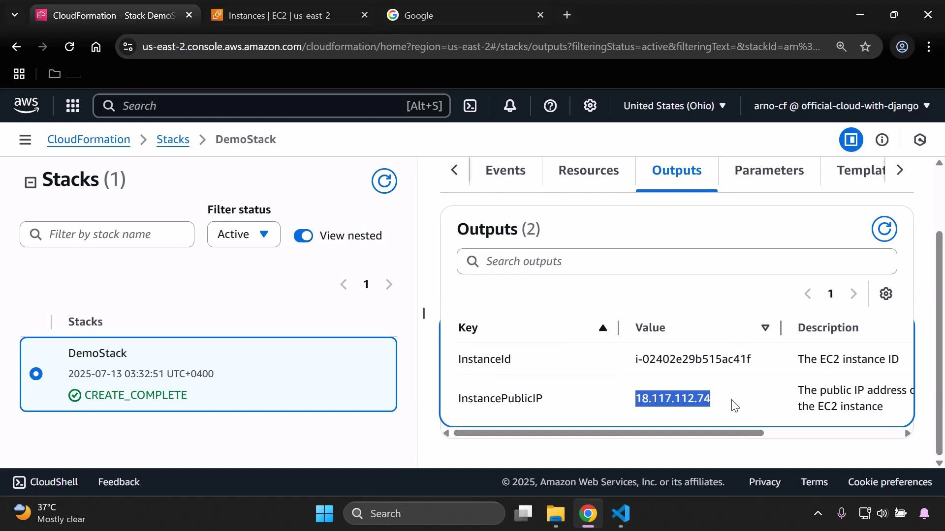 A screenshot of the AWS CloudFormation console showing a stack named "DemoStack" with status CREATE_COMPLETE. The Outputs pane lists an EC2 InstanceId and its InstancePublicIP (18.117.112.74).