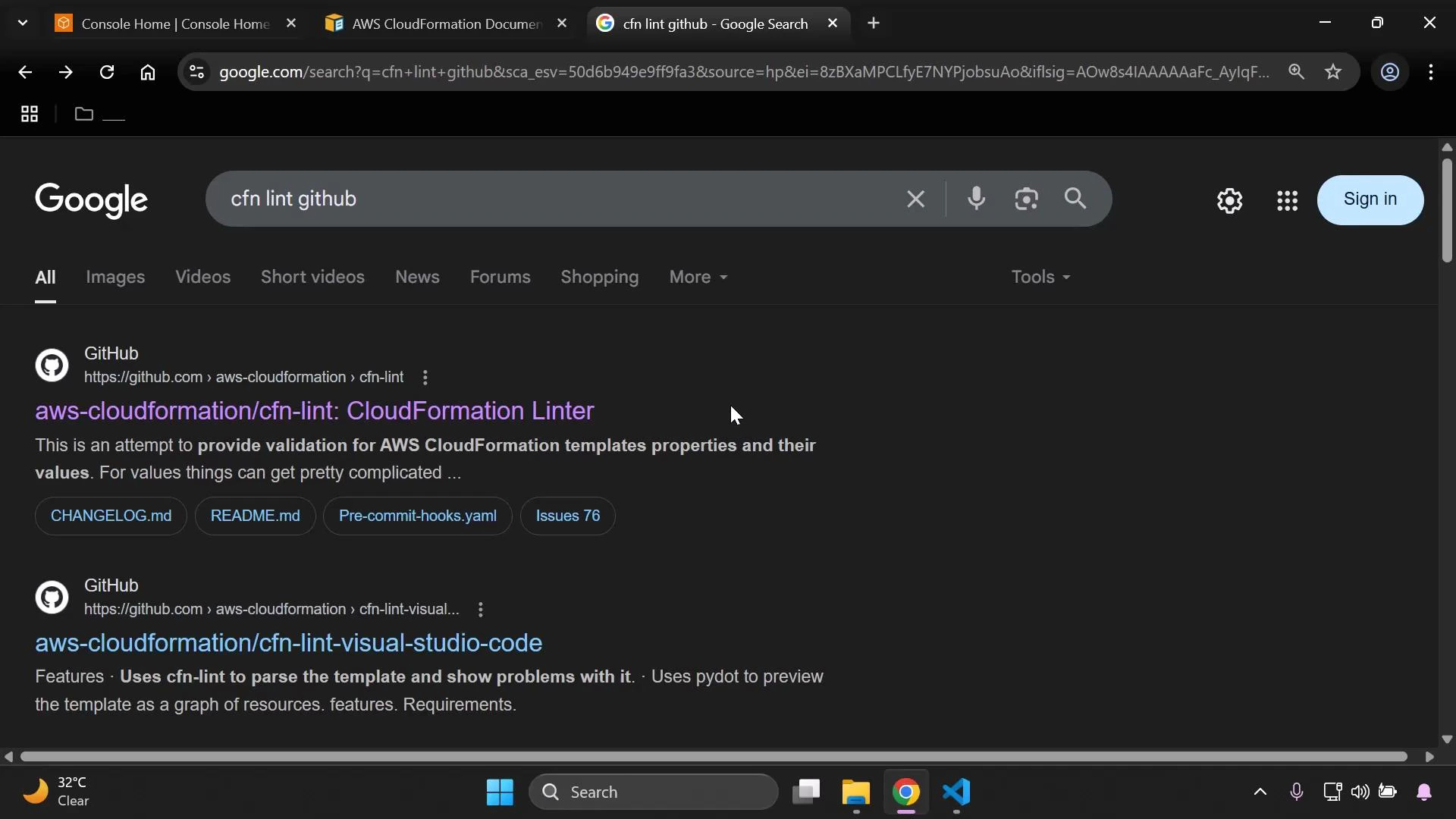 A dark-mode Google search results page in a browser for "cfn lint github," showing GitHub links to aws-cloudformation/cfn-lint and cfn-lint-visual-studio-code. The screenshot also shows browser tabs at the top and a Windows taskbar across the bottom.
