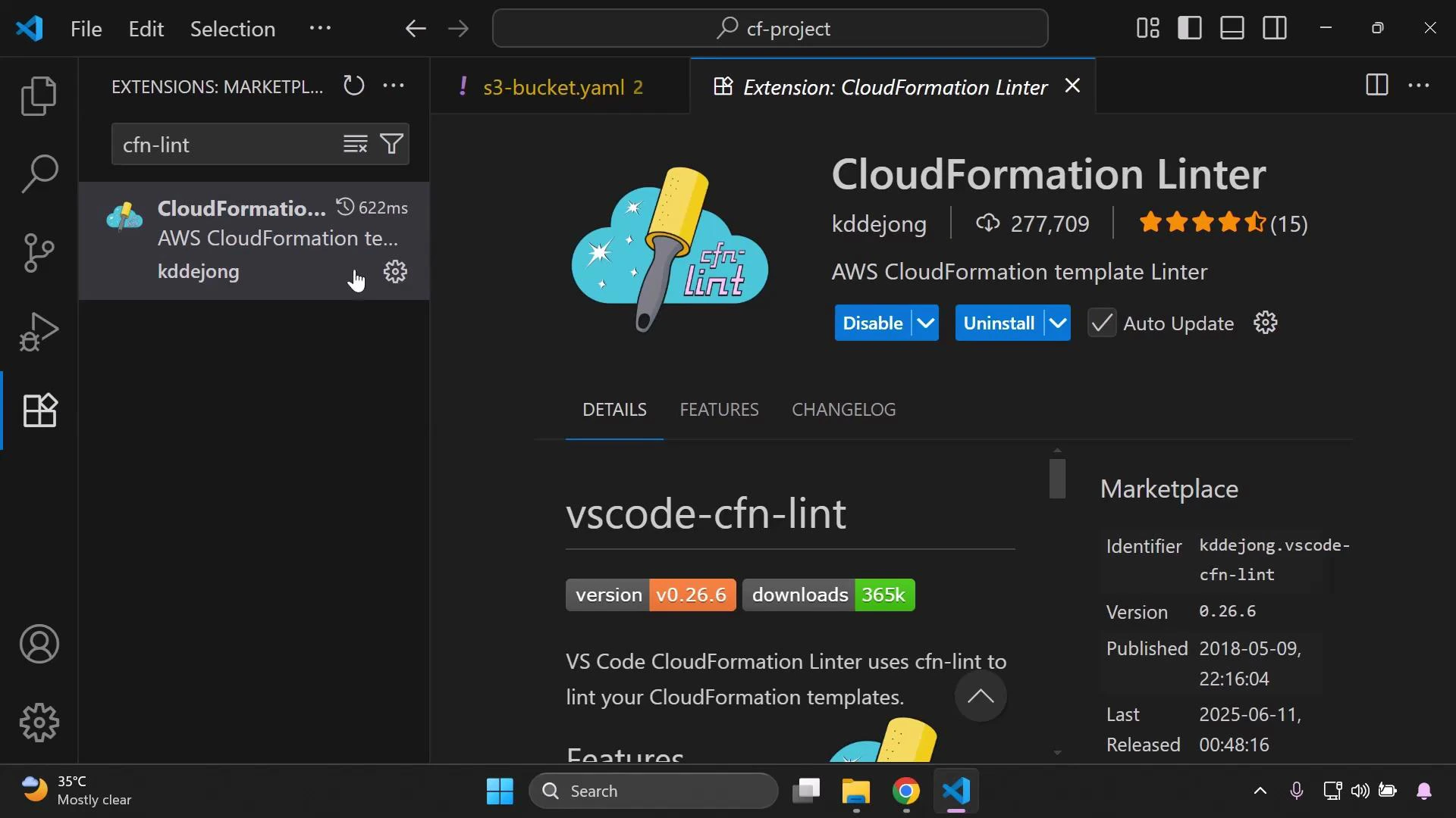 A screenshot of Visual Studio Code's Extensions view showing the "CloudFormation Linter" (vscode-cfn-lint) extension page, with install/disable buttons, ratings, version (v0.26.6) and download info. The left pane shows the extension listed in the sidebar.