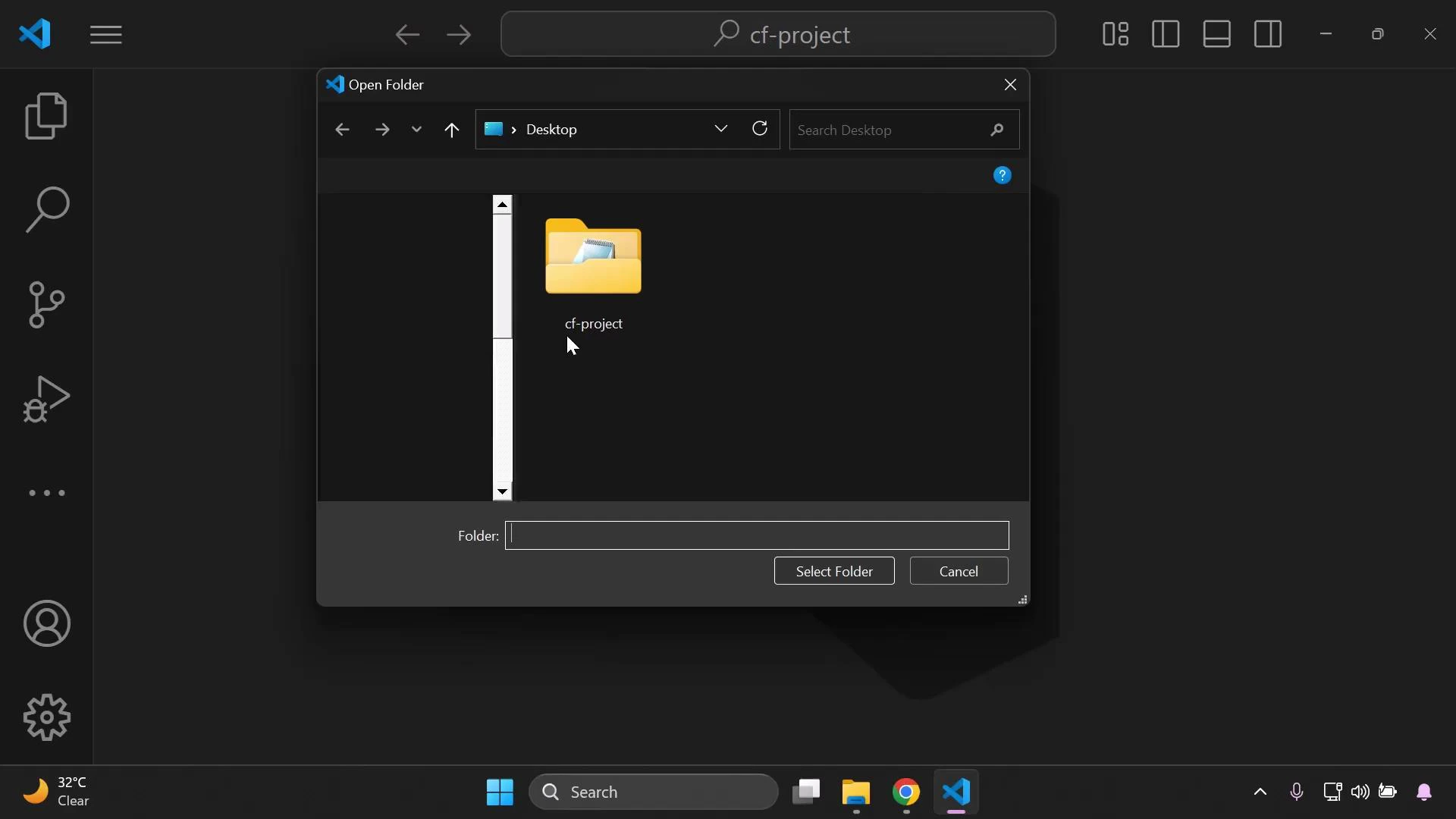 A dark-themed Visual Studio Code window with an "Open Folder" dialog open showing a Desktop folder named "cf-project." The Windows taskbar and system tray are visible along the bottom of the screen.