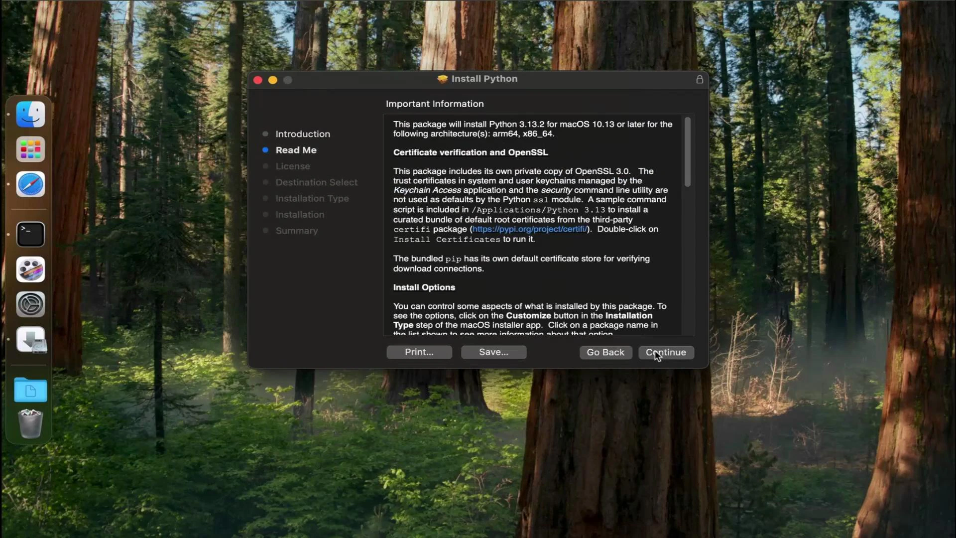 A macOS desktop with a dark‑mode "Install Python" dialog open over a forest wallpaper. The installer shows the Read Me text and buttons like Continue, Go Back, Print, and Save.