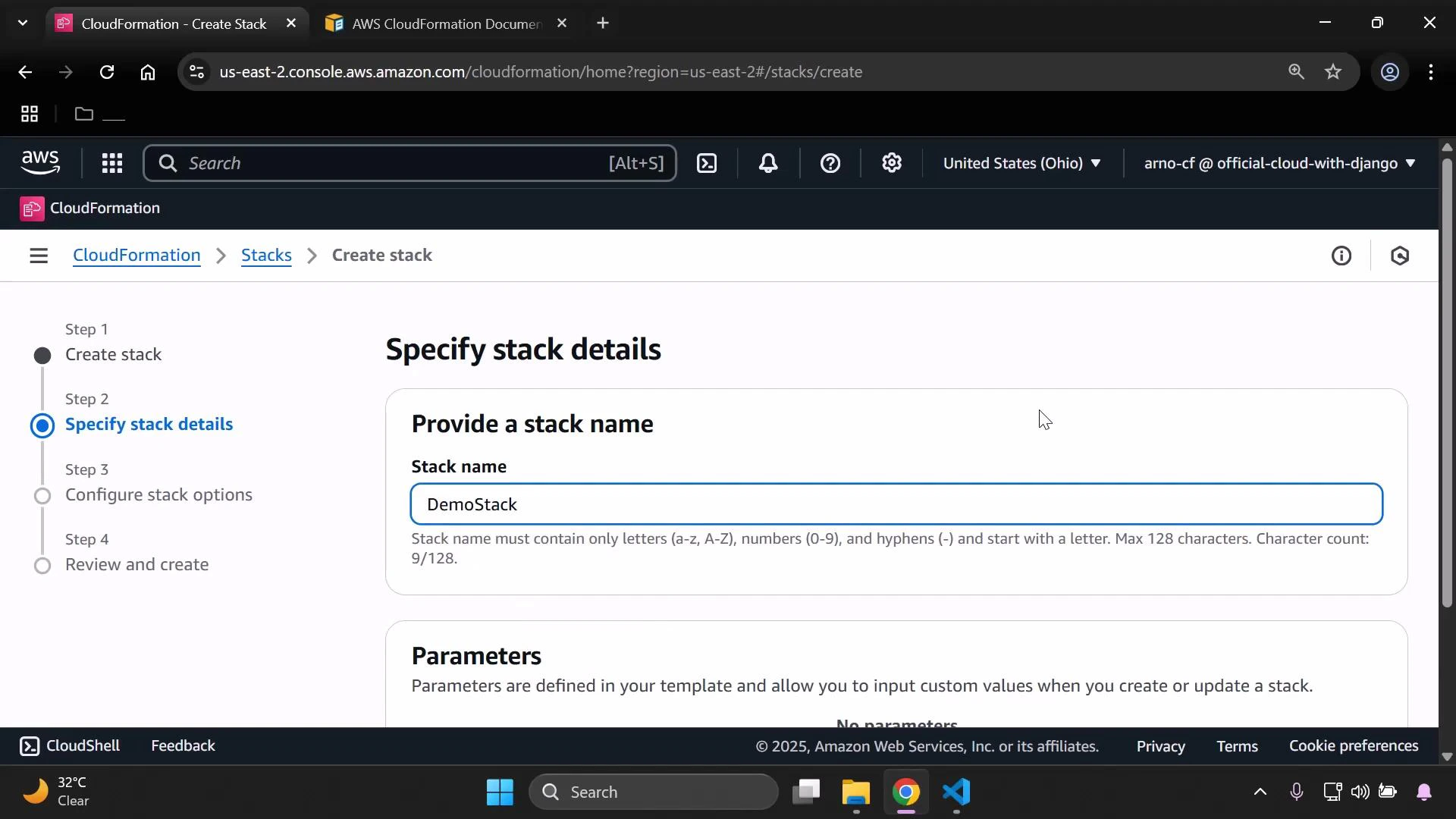 A screenshot of the AWS CloudFormation console on the "Create stack" workflow, showing the "Specify stack details" page. The Stack name field is filled with "DemoStack" and the left stepper highlights Step 2.