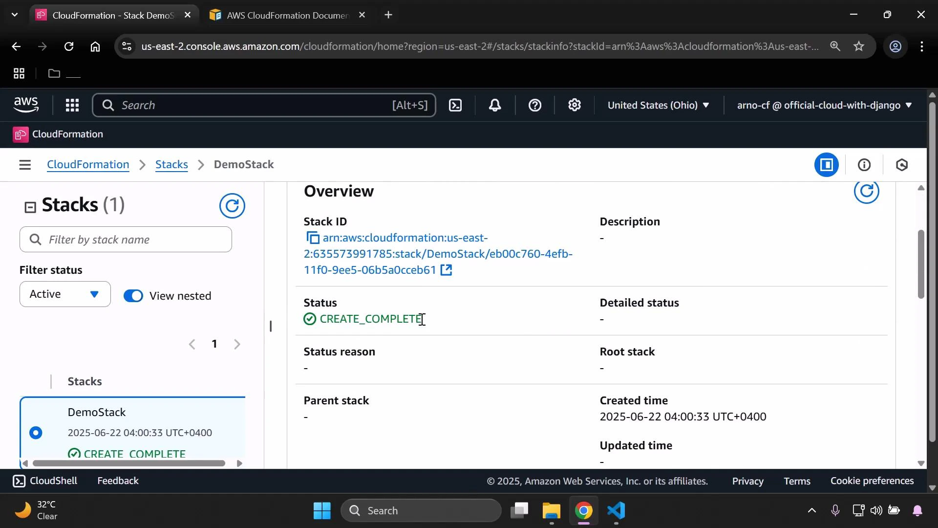 A screenshot of the AWS CloudFormation console. It shows a stack named "DemoStack" with status "CREATE_COMPLETE" and overview details like the Stack ID and created time.
