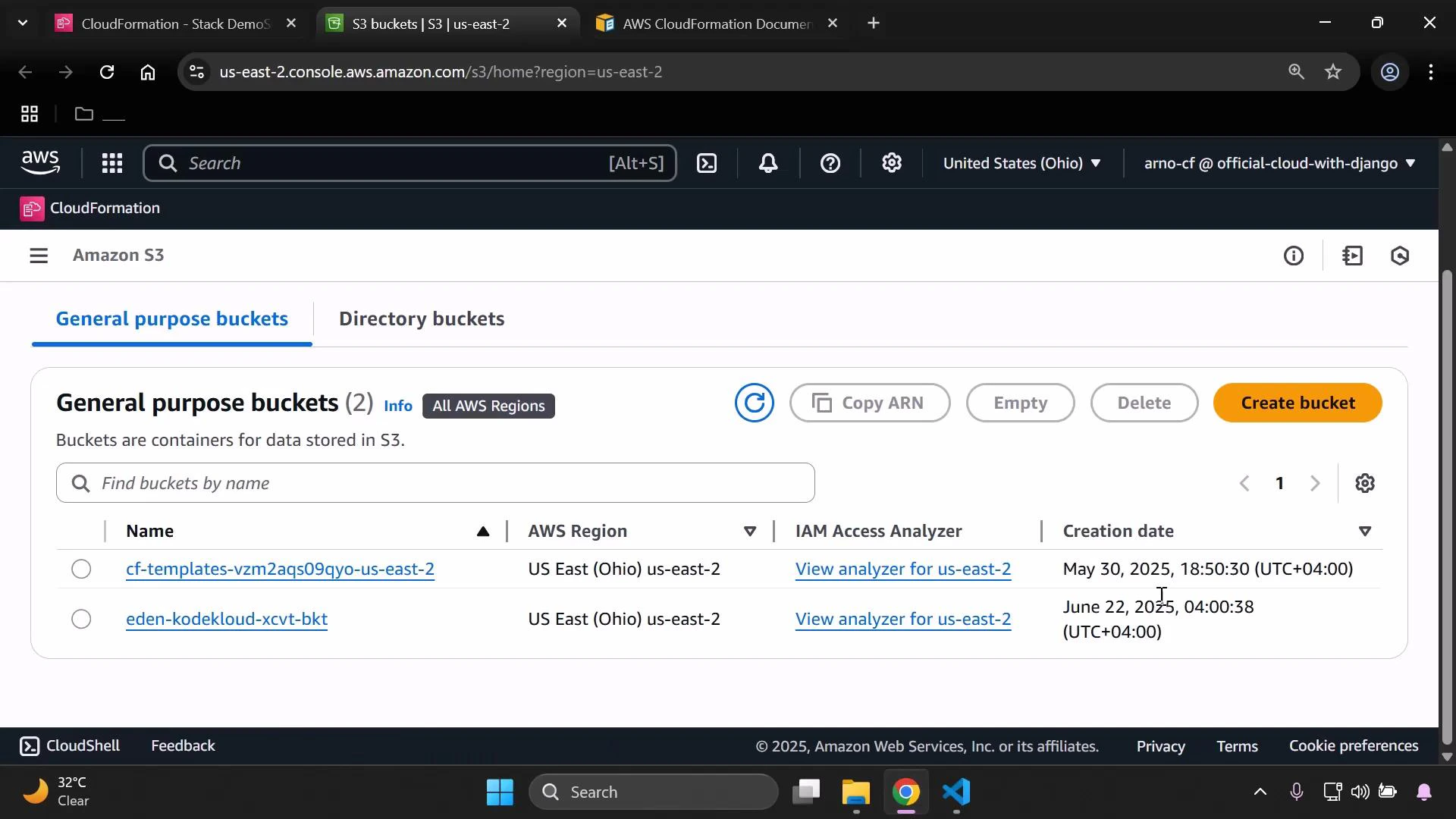 A screenshot of the AWS S3 web console on the "General purpose buckets" tab. It shows two S3 buckets listed (cf-templates... and eden-kodekloud...), their region (US East Ohio), creation dates, and actions like "Create bucket."