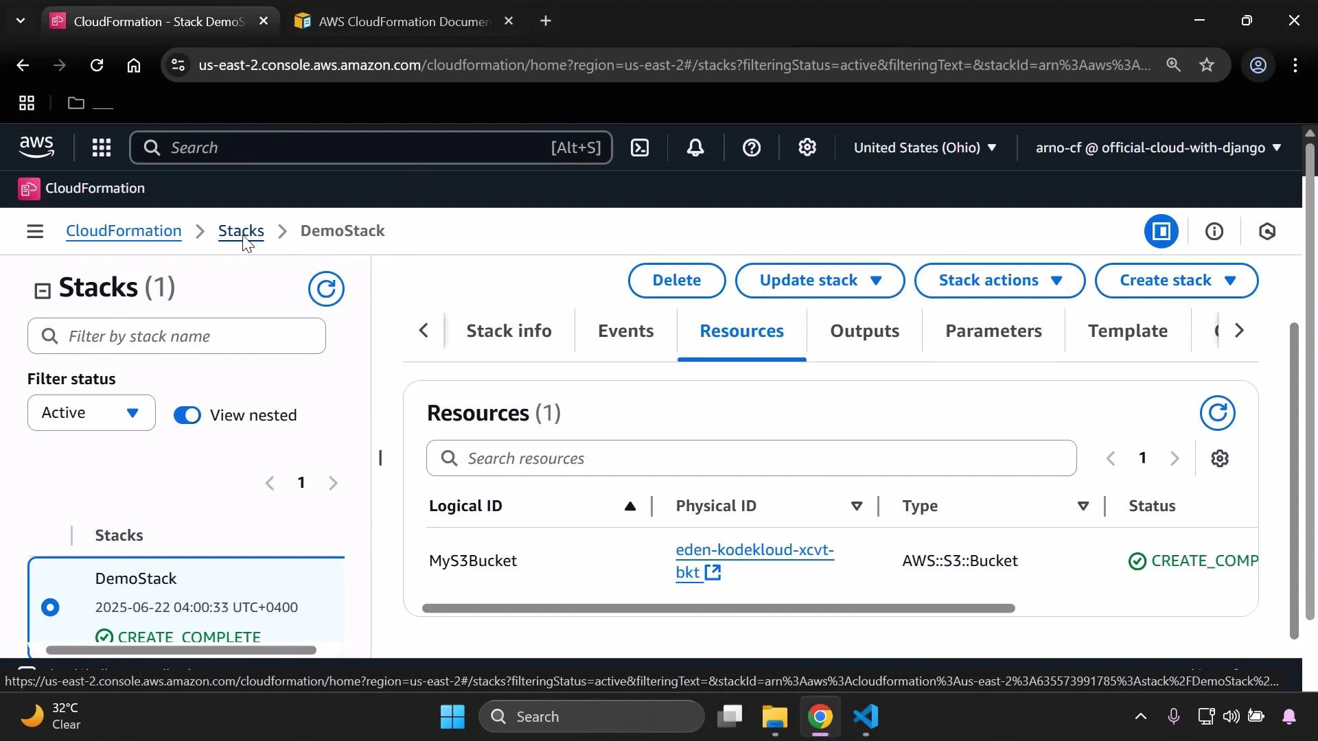 Screenshot of the AWS CloudFormation console showing the "DemoStack" stack. The Resources tab lists an S3 bucket resource named "MyS3Bucket" with status CREATE_COMPLETE.