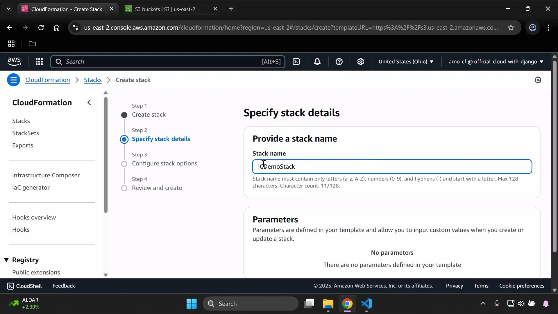 Screenshot of the AWS CloudFormation "Create stack" console on the "Specify stack details" step, with the stack name field filled as "iCDemoStack." The left sidebar shows CloudFormation navigation and the parameters section reports no parameters defined.