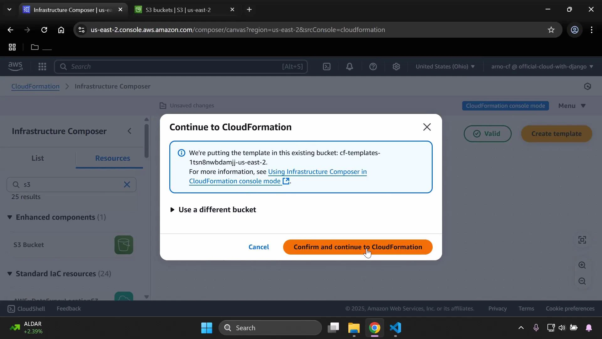 A screenshot of the AWS CloudFormation Infrastructure Composer showing a "Continue to CloudFormation" modal that says the template will be put in an existing S3 bucket and offers "Cancel" or "Confirm and continue to CloudFormation" buttons. The blurred background shows the Infrastructure Composer canvas and resources sidebar.