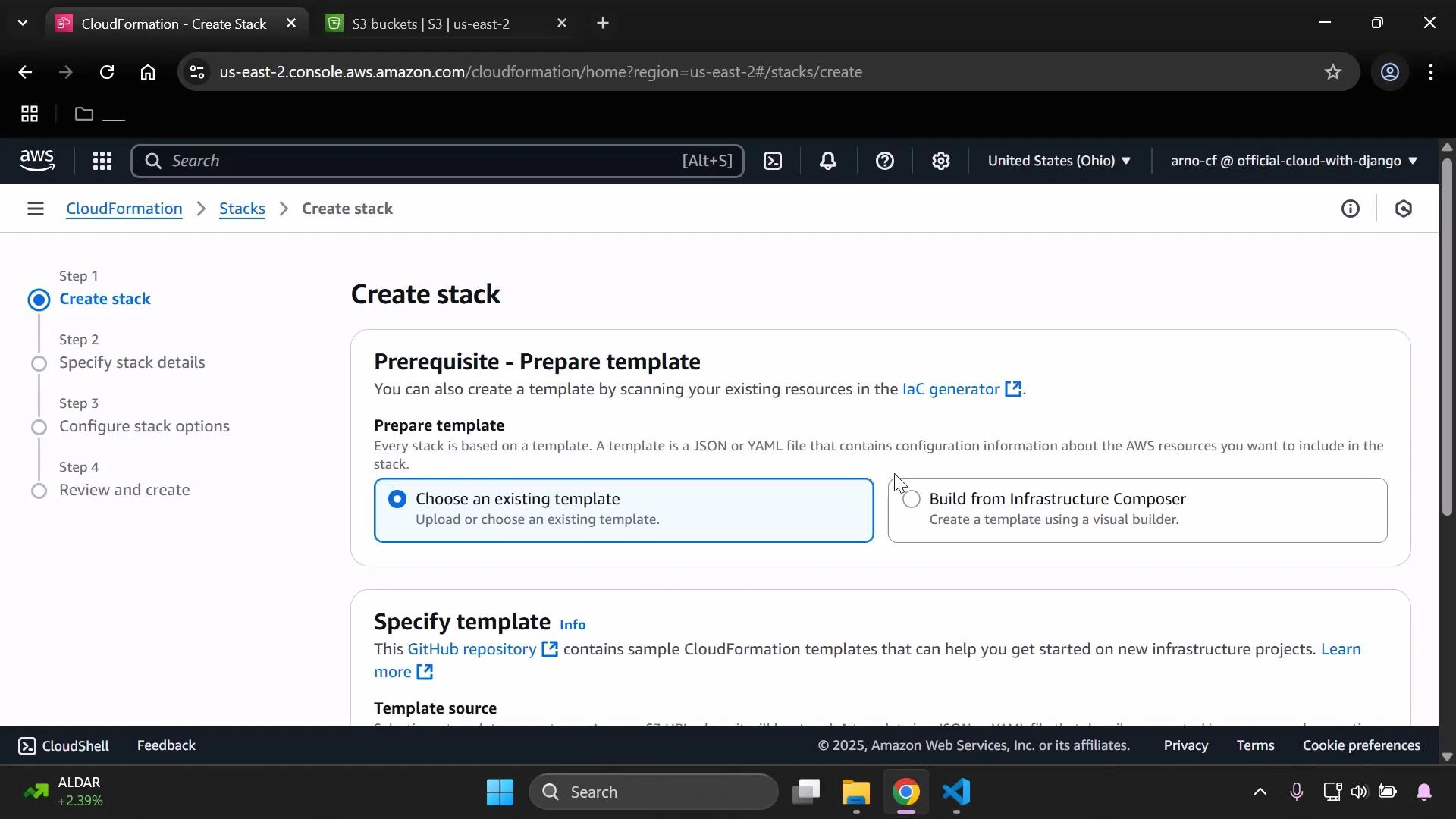 A screenshot of the AWS CloudFormation "Create stack" page showing the "Prerequisite - Prepare template" section with the "Choose an existing template" option selected and an alternate "Build from Infrastructure Composer" option. The browser window shows tabs at the top and the Windows taskbar along the bottom.