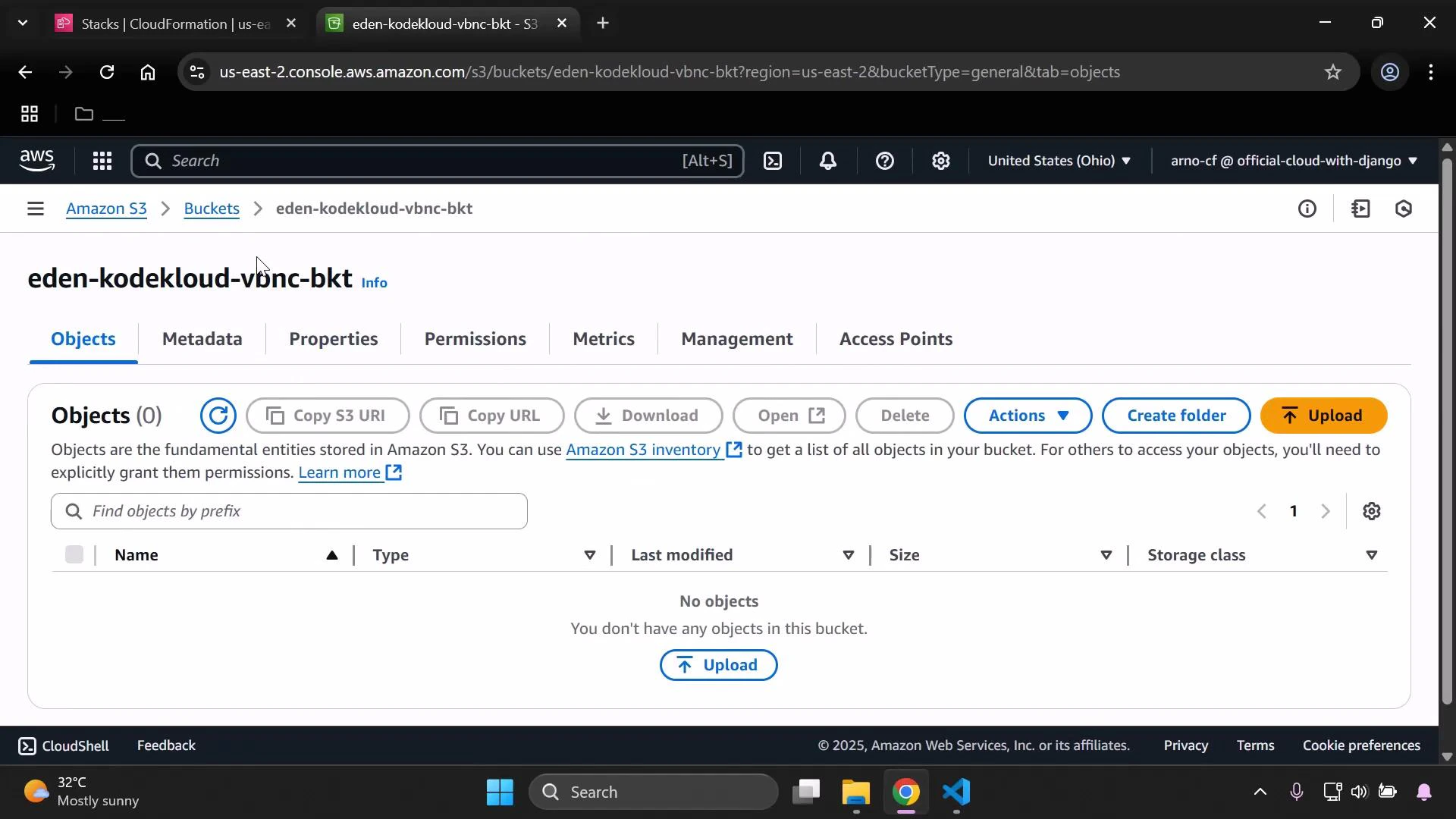 A screenshot of the AWS S3 console showing the bucket "eden-kodekloud-vbnc-bkt" with the Objects tab open; the bucket is empty and displays options like Upload, Create folder, Actions, and metadata/permissions tabs.