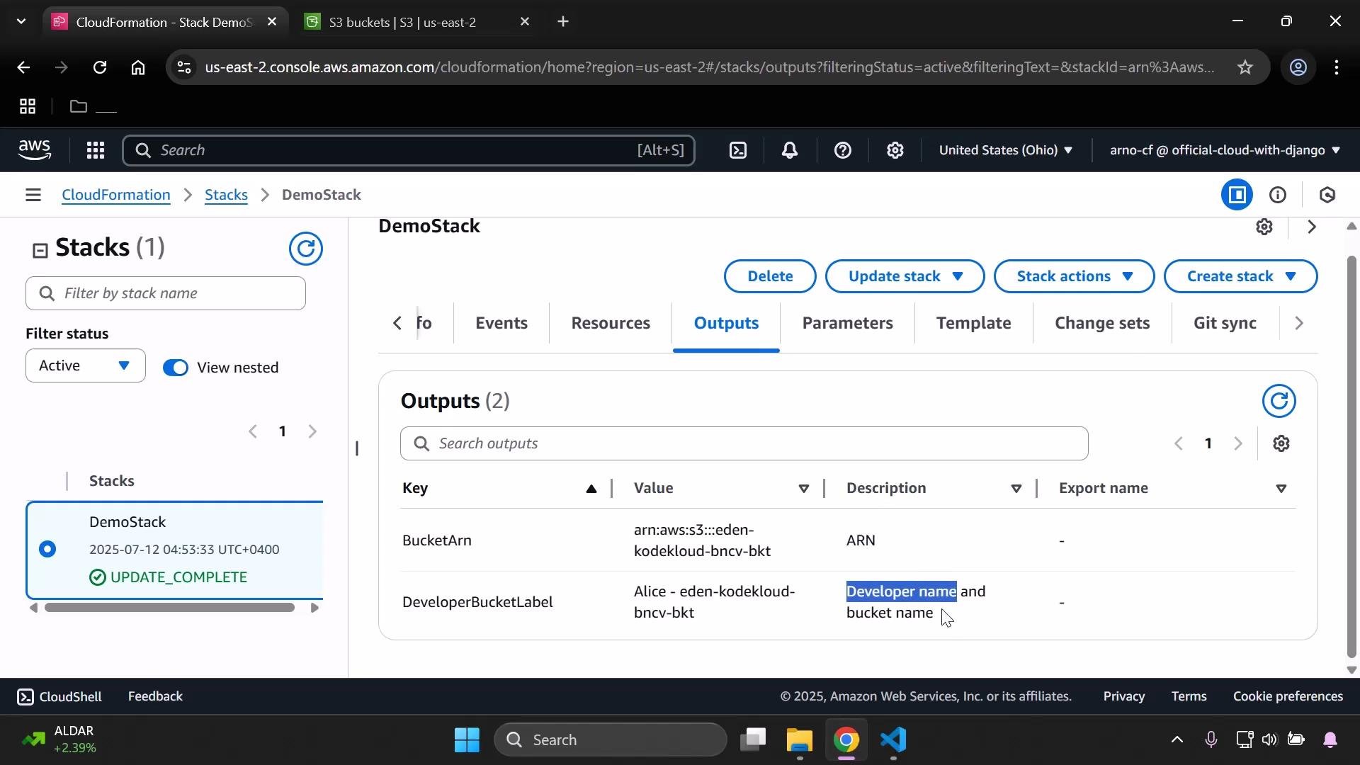 A screenshot of the AWS CloudFormation console showing the "DemoStack" Outputs tab. It lists outputs including a BucketArn (an S3 bucket ARN) and a DeveloperBucketLabel with the developer name and bucket name.