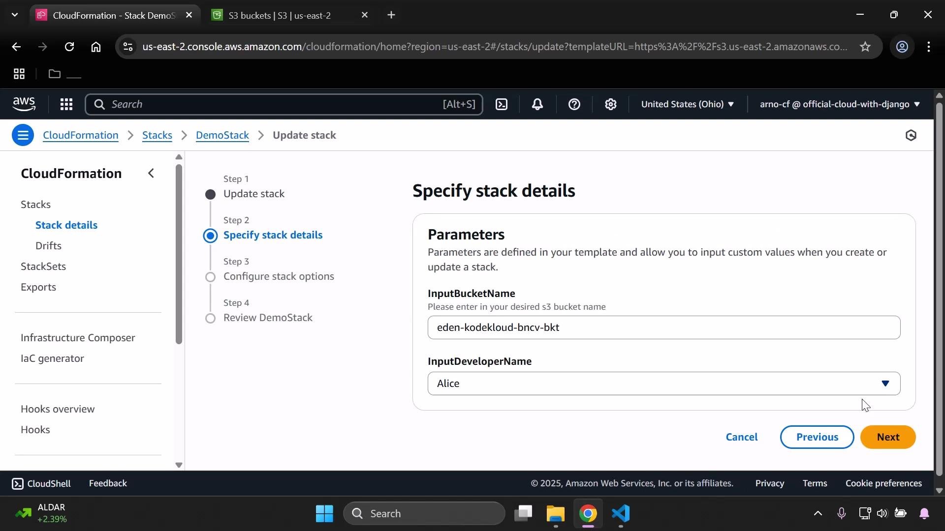 A screenshot of the AWS CloudFormation console on the "Specify stack details" step showing parameters for InputBucketName (eden-kodekloud-bncv-bkt) and InputDeveloperName (Alice). The left sidebar shows CloudFormation navigation (Stacks, StackSets, Exports) and the bottom has Previous/Next buttons.